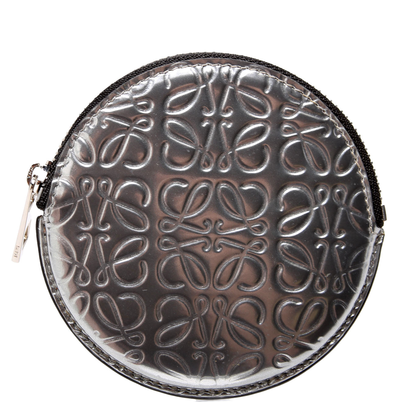 Cookie Zip Coin Purse Metallic Calfskin Embossed Anagram Silver
