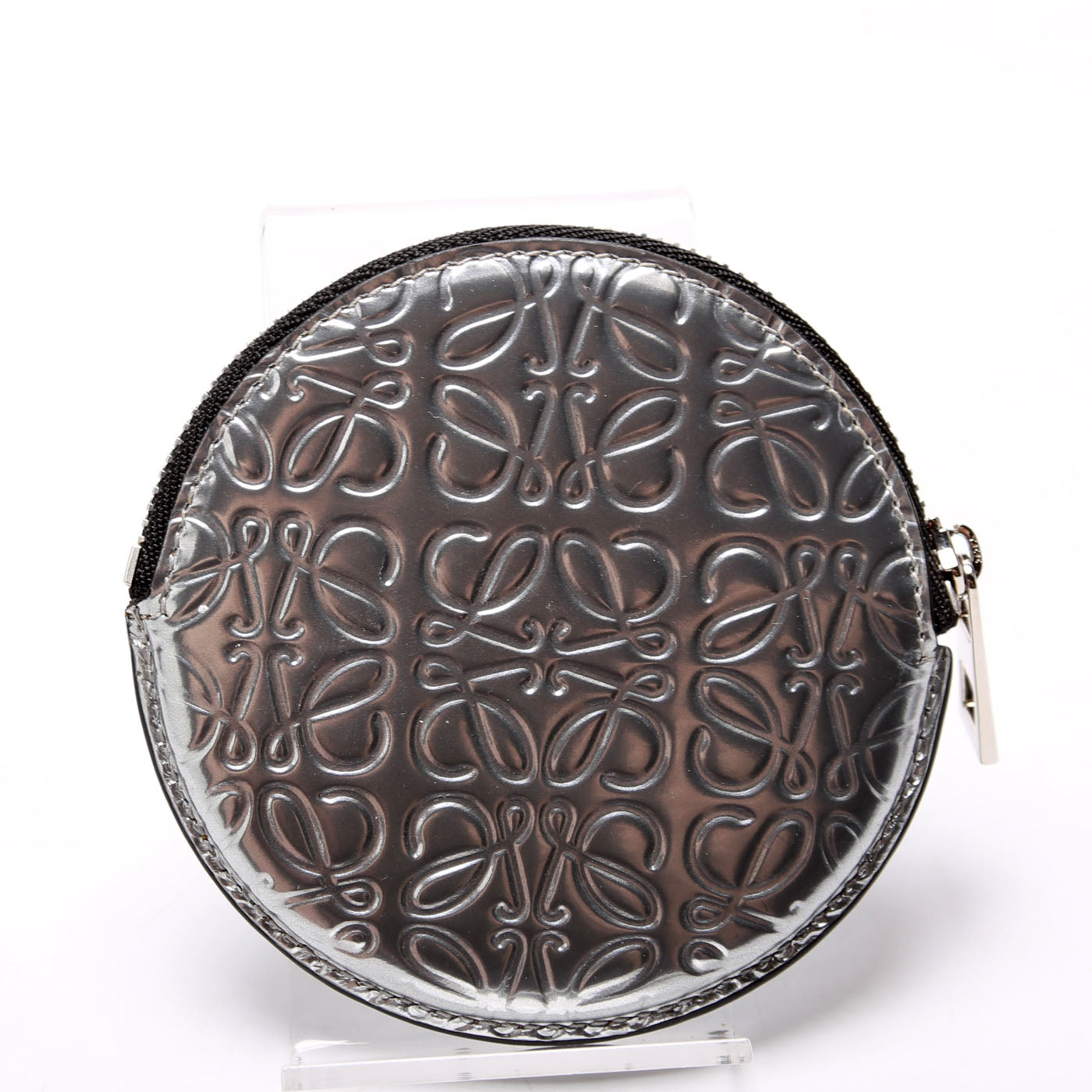 Cookie Zip Coin Purse Metallic Calfskin Embossed Anagram Silver