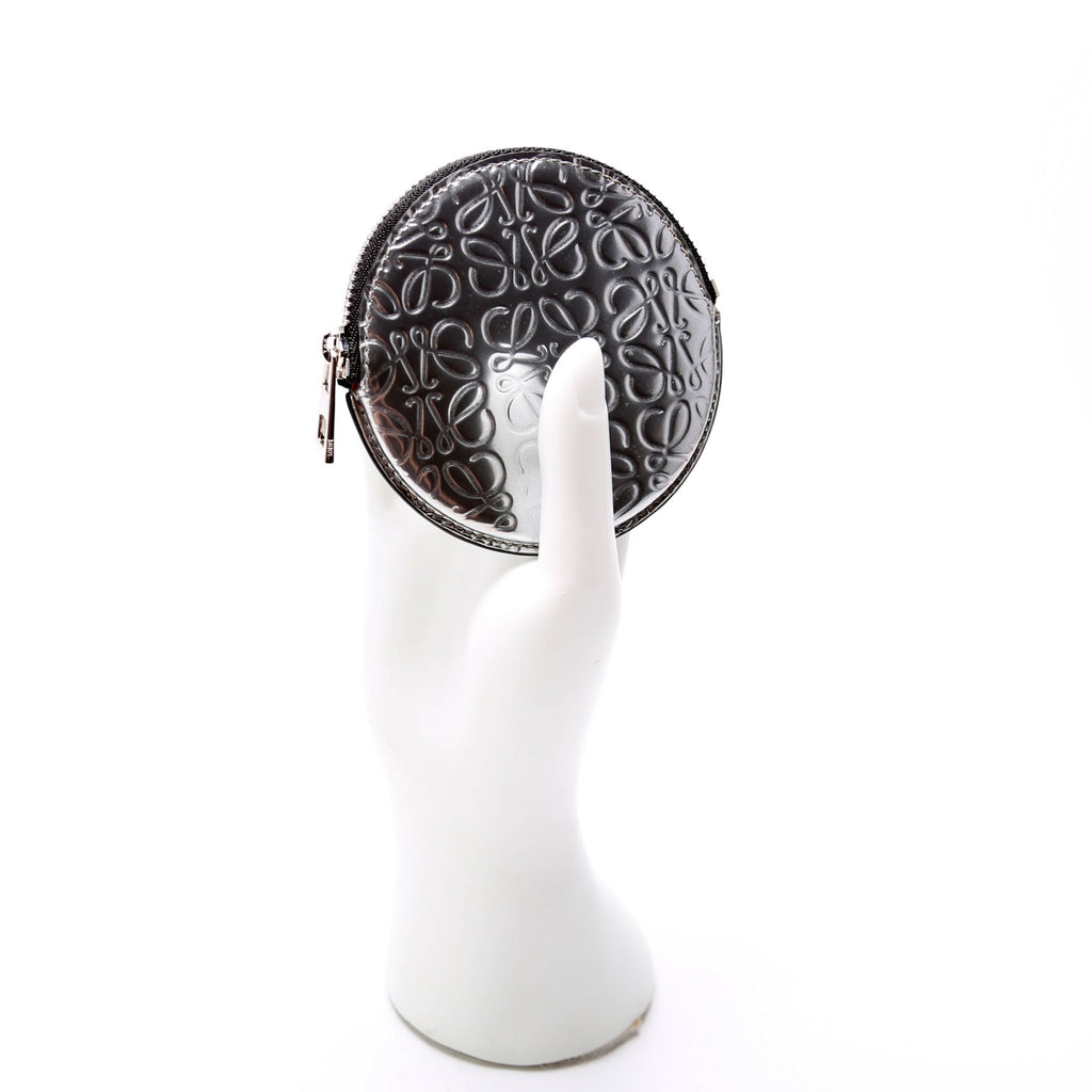 Cookie Zip Coin Purse Metallic Calfskin Embossed Anagram Silver