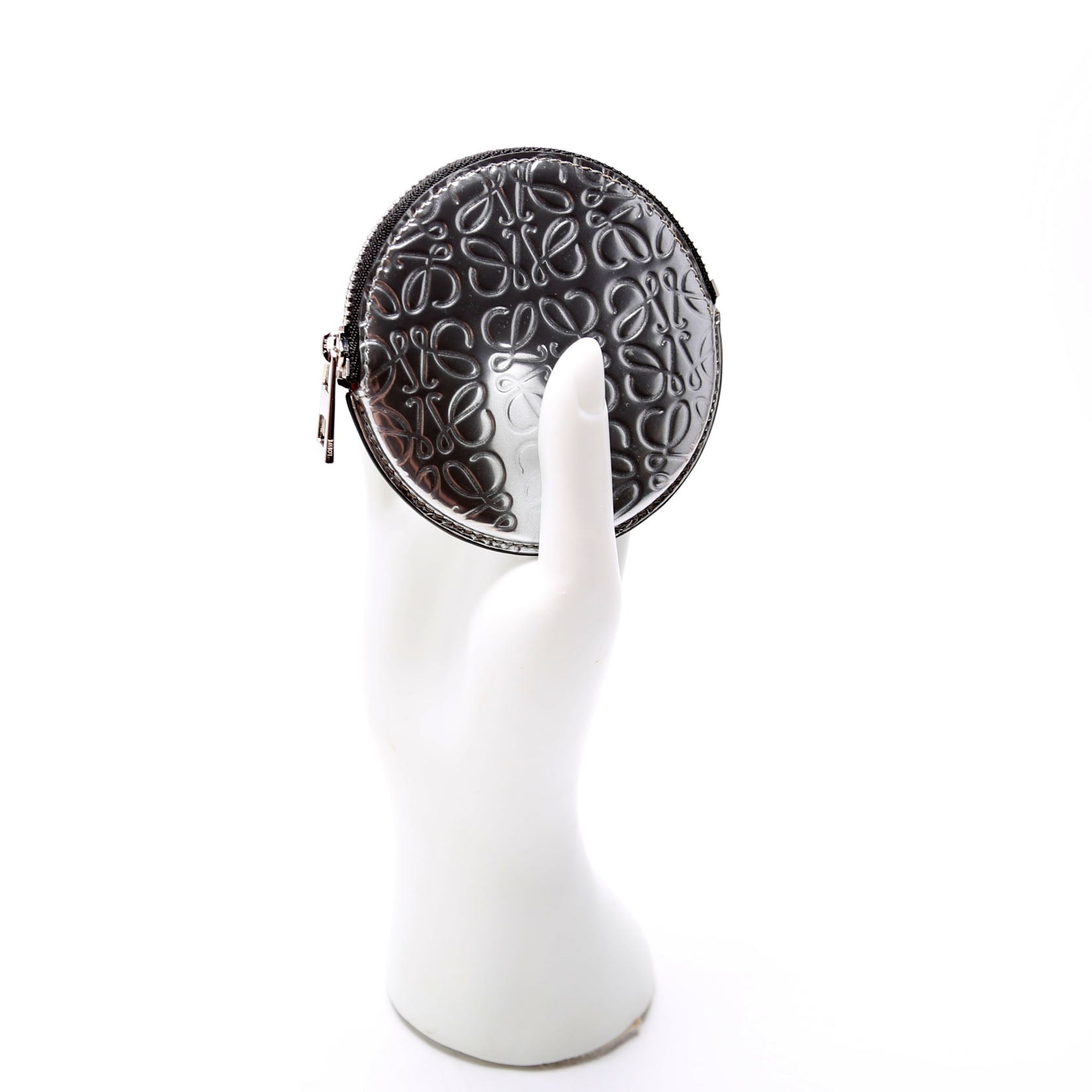 Cookie Zip Coin Purse Metallic Calfskin Embossed Anagram Silver