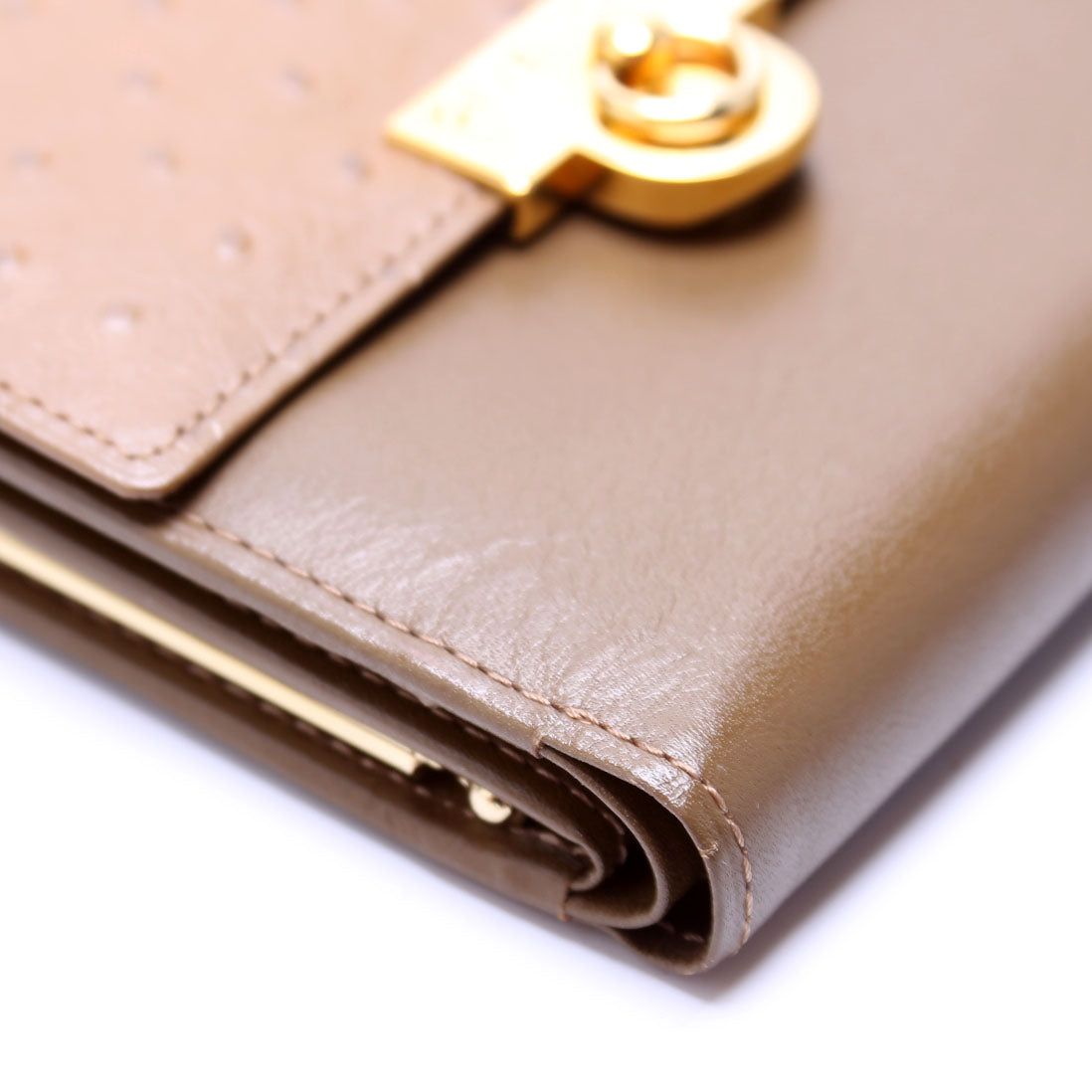 French Purse Wallet Ostrich Embossed and Smooth Leather Vintage Green