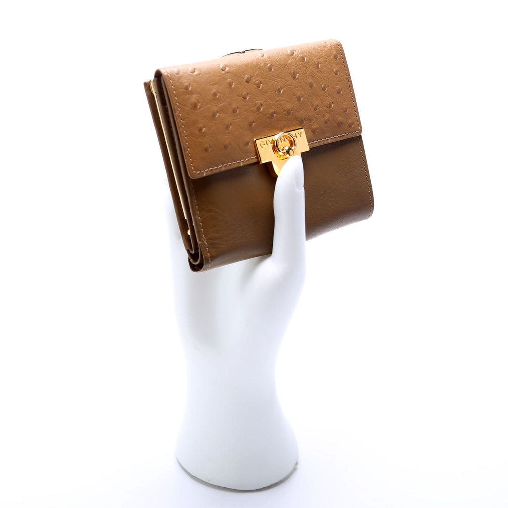 French Purse Wallet Ostrich Embossed and Smooth Leather Vintage Green