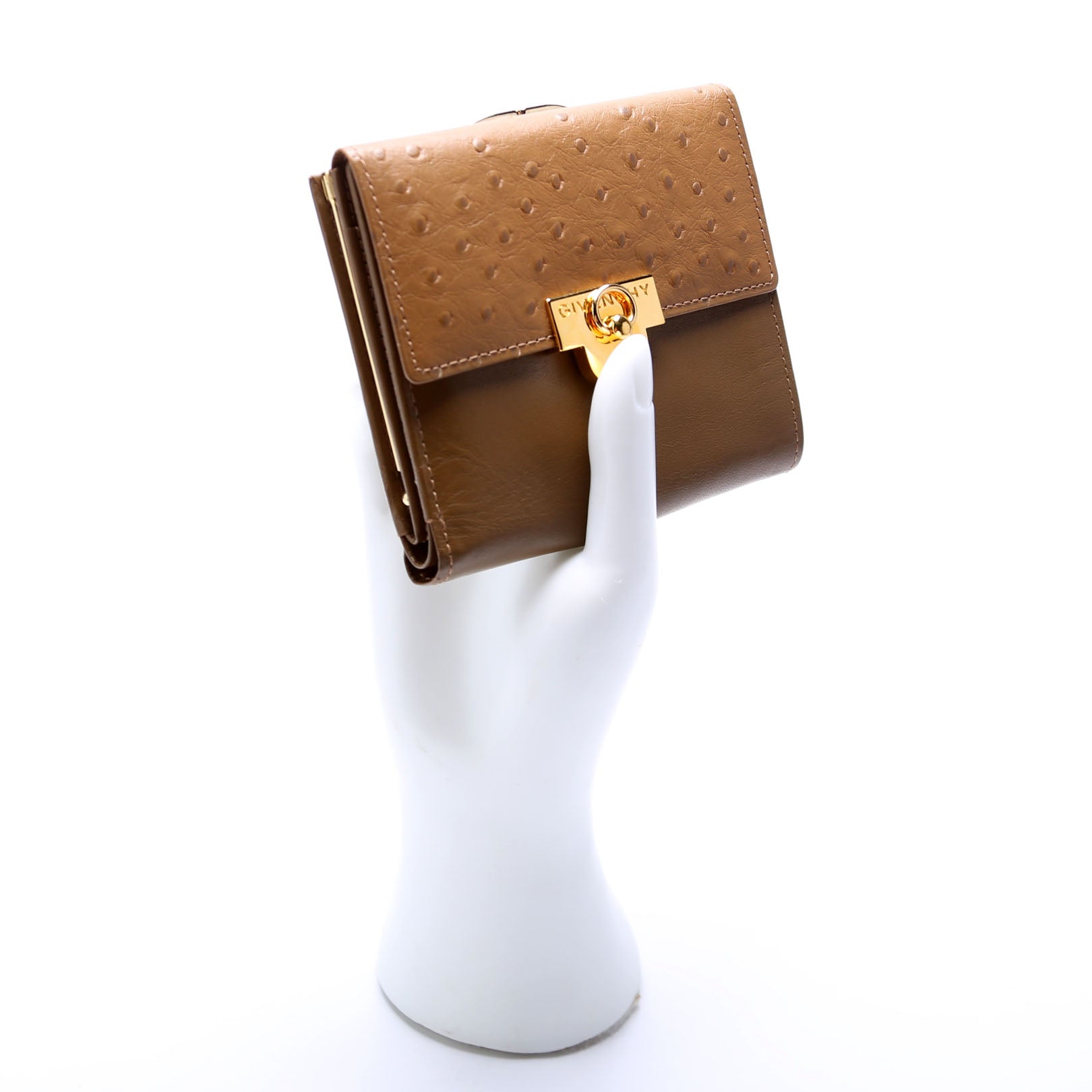 French Purse Wallet Ostrich Embossed and Smooth Leather Vintage Green
