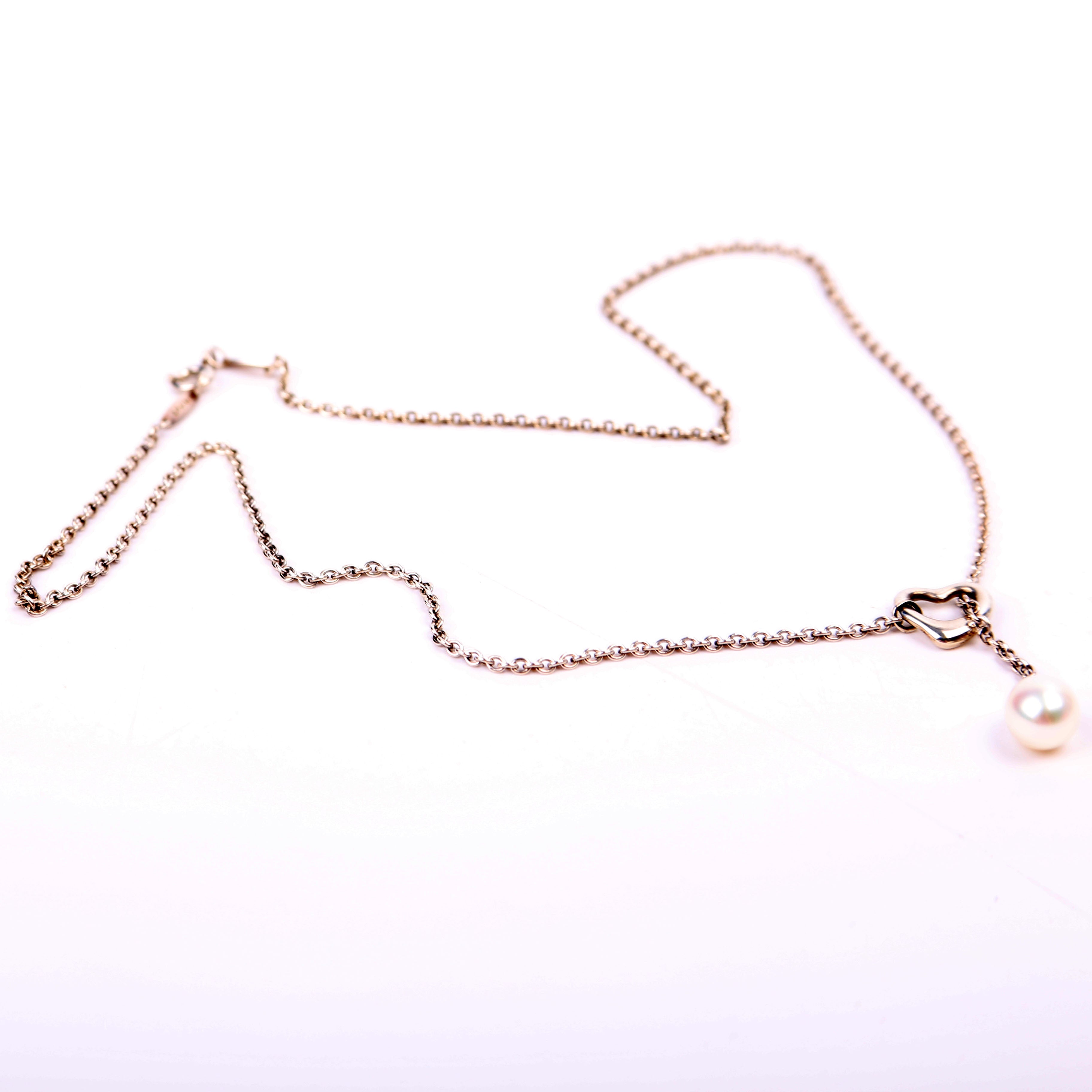 Elsa Peretti Open Heart Pearl Lariat 7.5-8MM 925 Necklace Silver