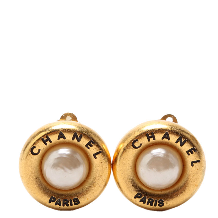 Chanel Paris Round Faux Pearl Clip-On Earrings Gold/Pearl