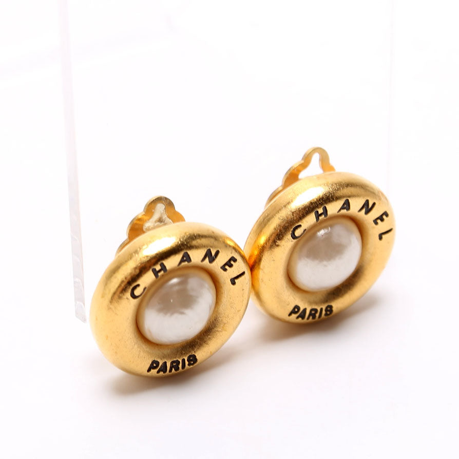 Chanel Paris Round Faux Pearl Clip-On Earrings Gold/Pearl