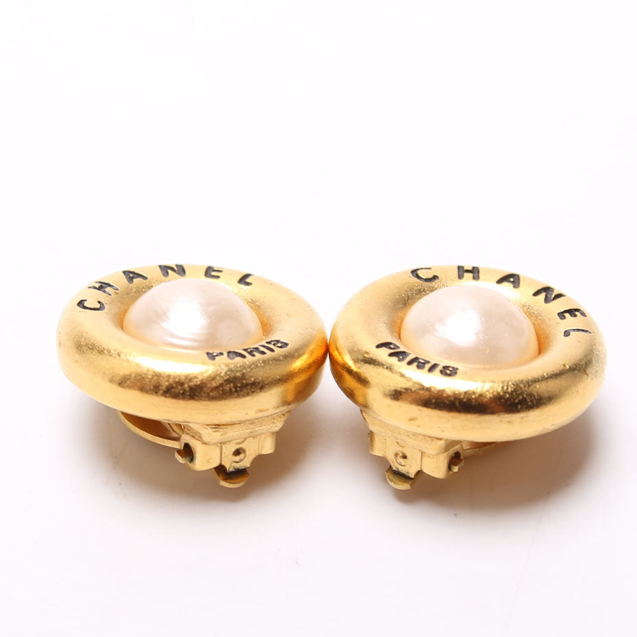 Chanel Paris Round Faux Pearl Clip-On Earrings Gold/Pearl