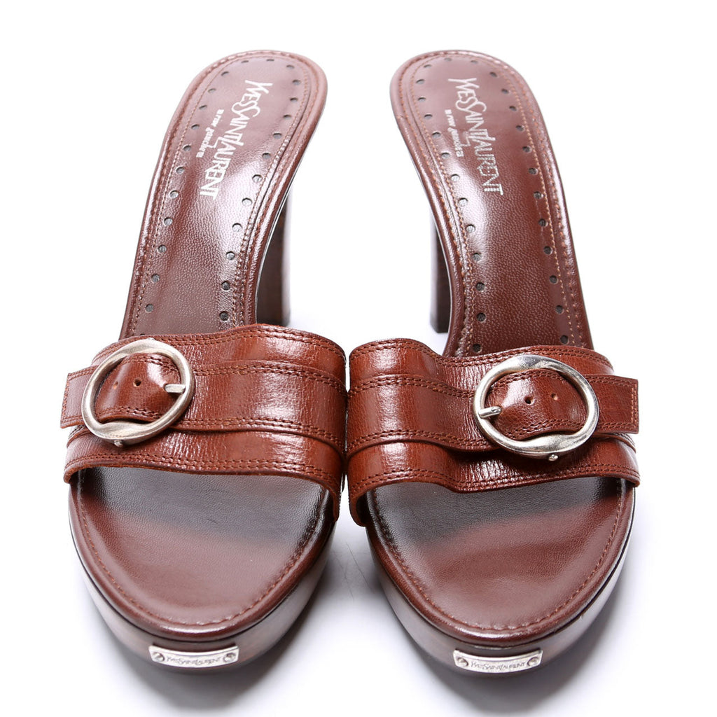 Buckle Leather Wood Platform Heels Size 40 Brown