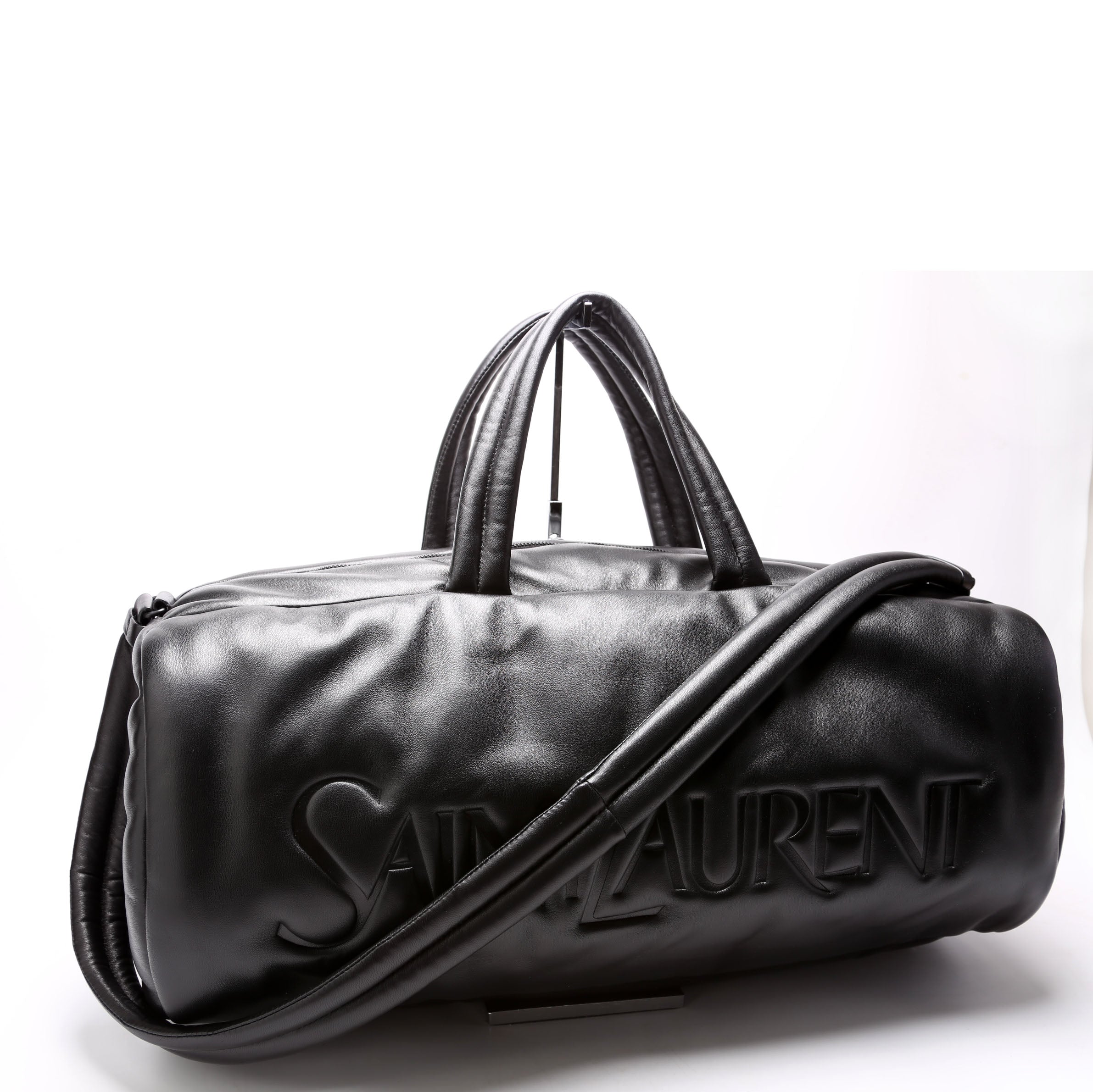 SAINT LAURENT Lambskin Debossed Logo Duffle Bag Large 797640 Black