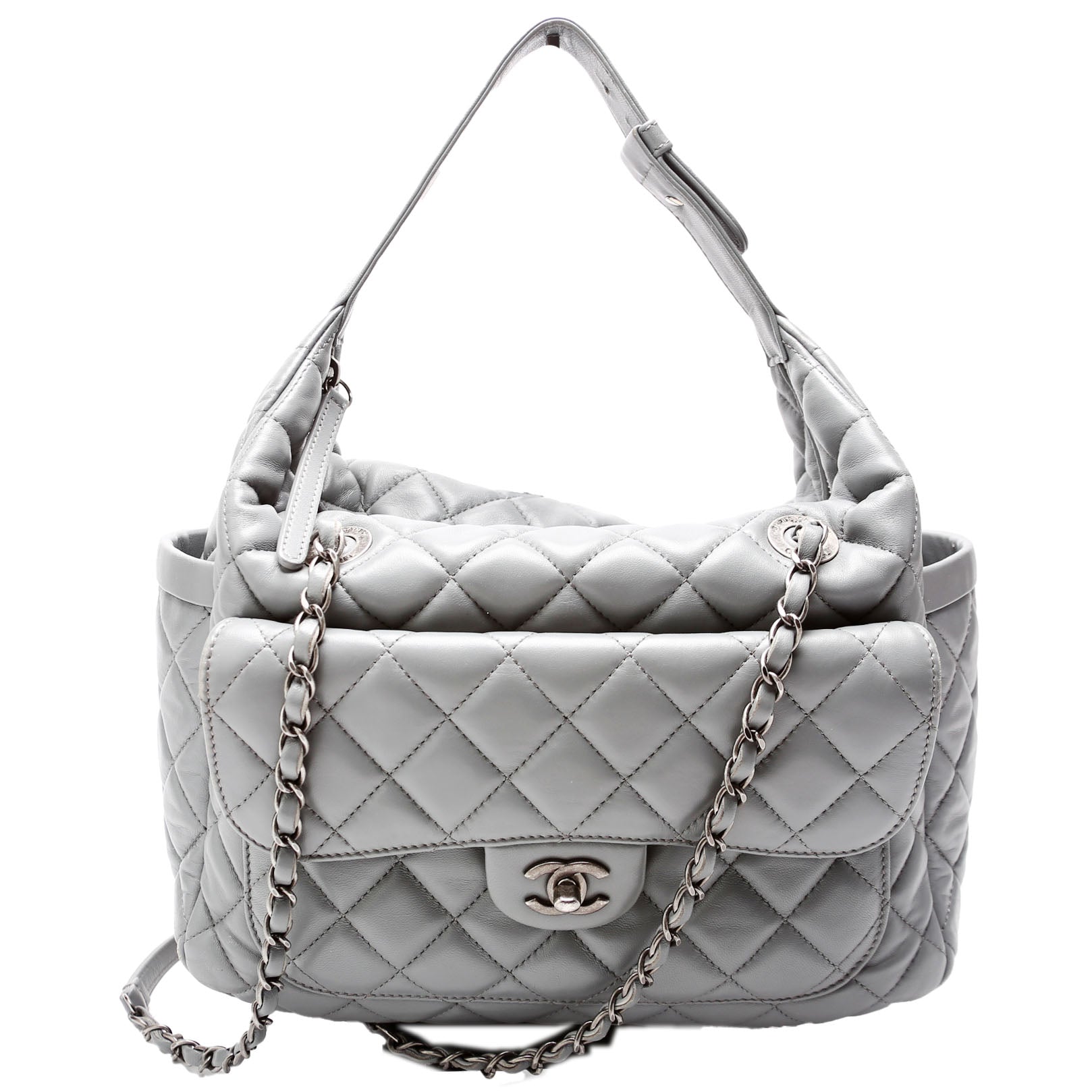 Front Pocket Flap Hobo Quilted Lambskin 20M Grey