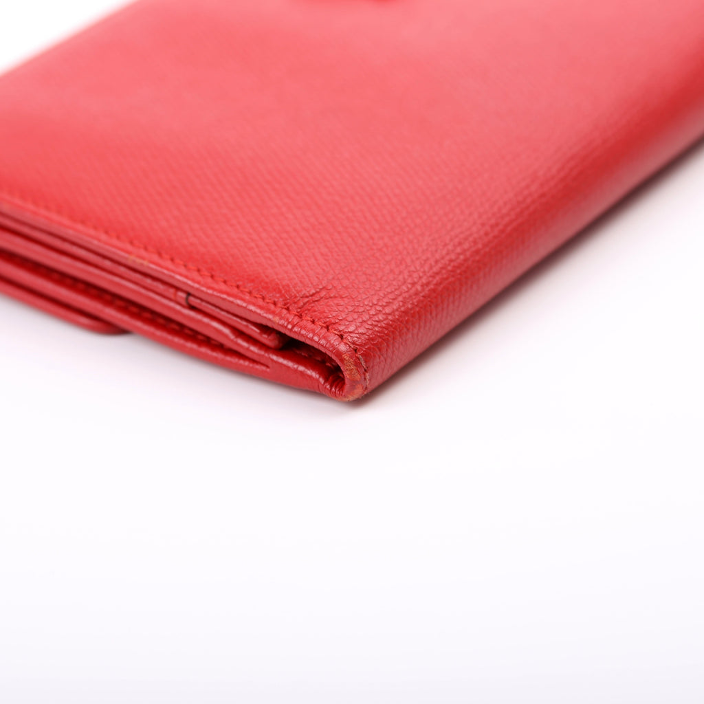 CC Button Long Wallet Grained Calfskin 9M Red