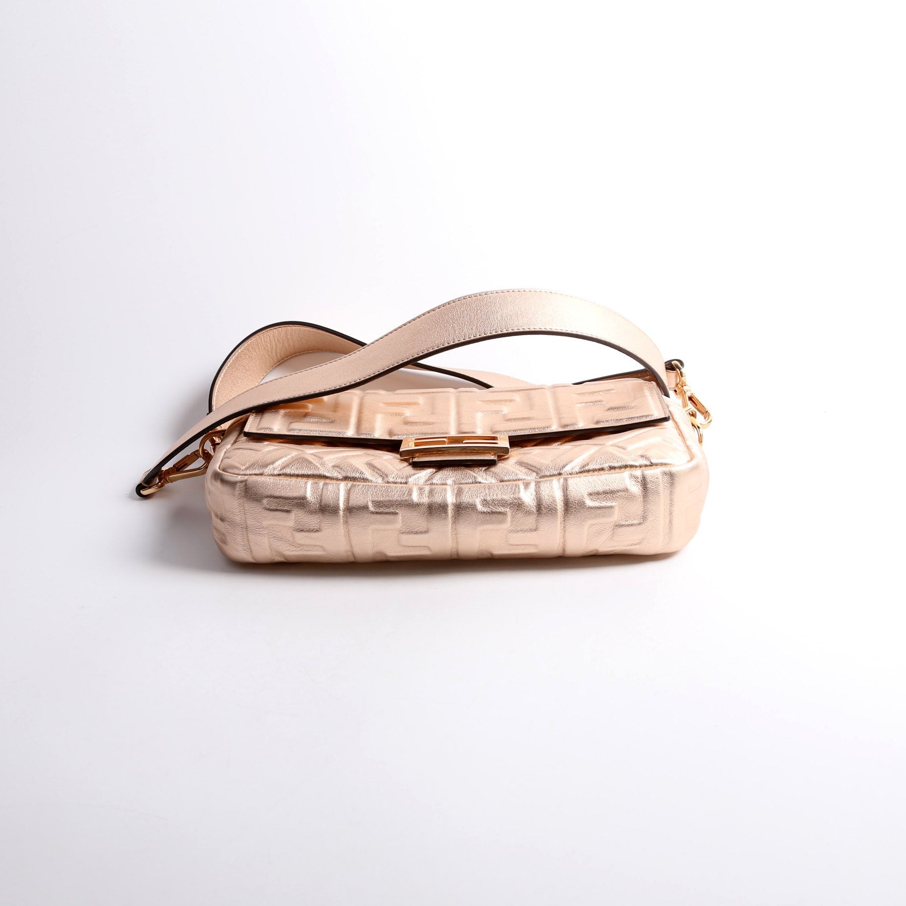 Fendi 8BR600 Baguette FF Embossed Metallic Nappa Rose Gold