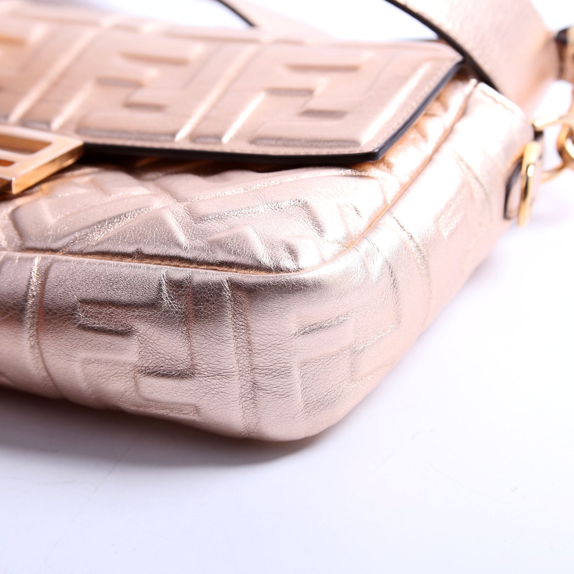 Fendi 8BR600 Baguette FF Embossed Metallic Nappa Rose Gold