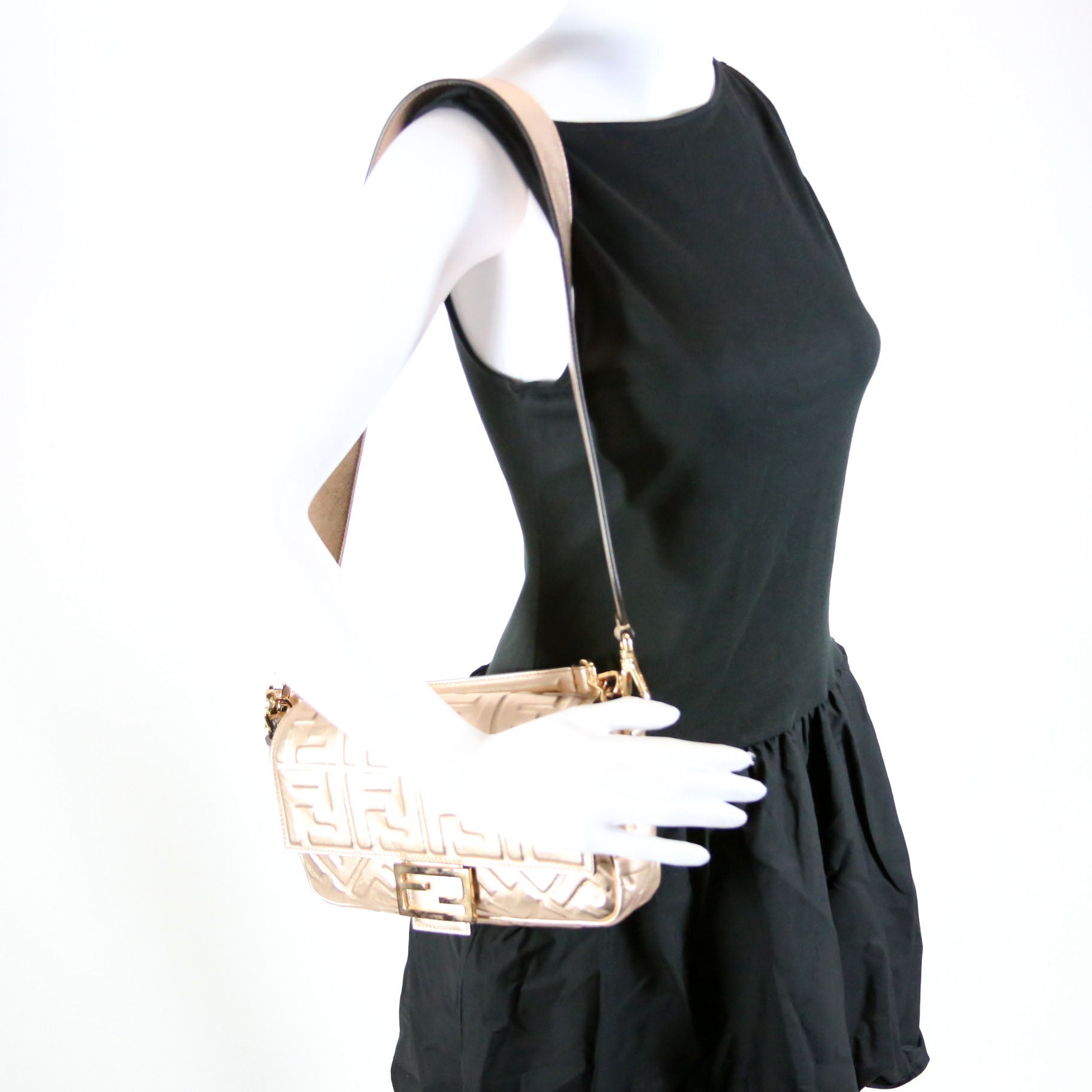Fendi 8BR600 Baguette FF Embossed Metallic Nappa Rose Gold