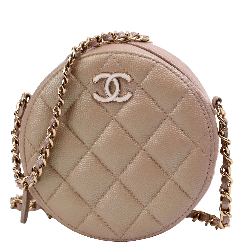Round Clutch With Chain Iridescent Caviar 27M Tan