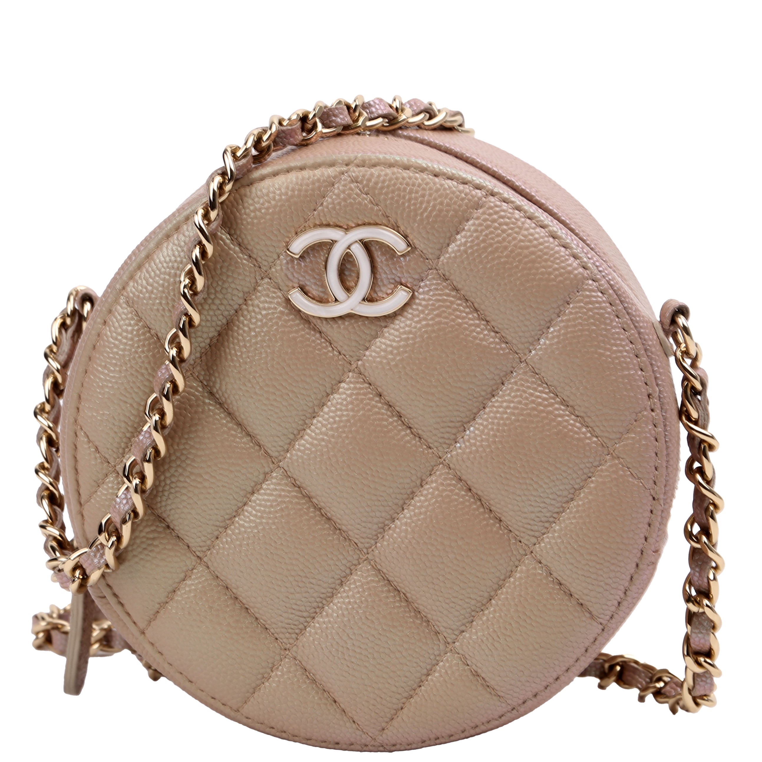 Round Clutch With Chain Iridescent Caviar 27M Tan