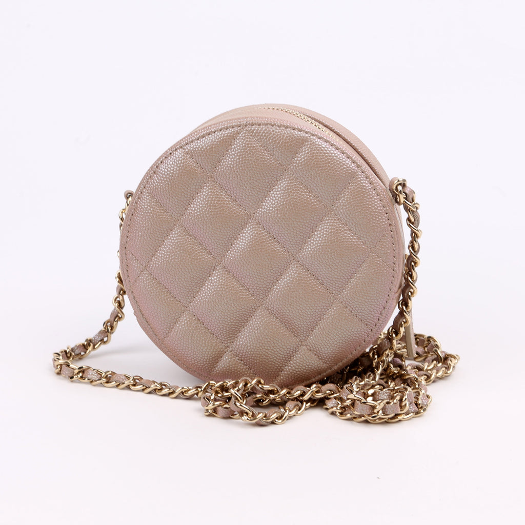 Round Clutch With Chain Iridescent Caviar 27M Tan