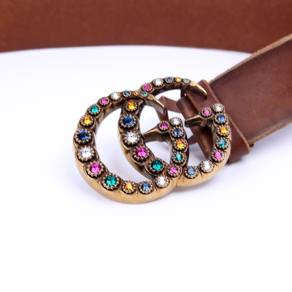 476341 Crystal GG Leather Belt Size 95/38 Brown