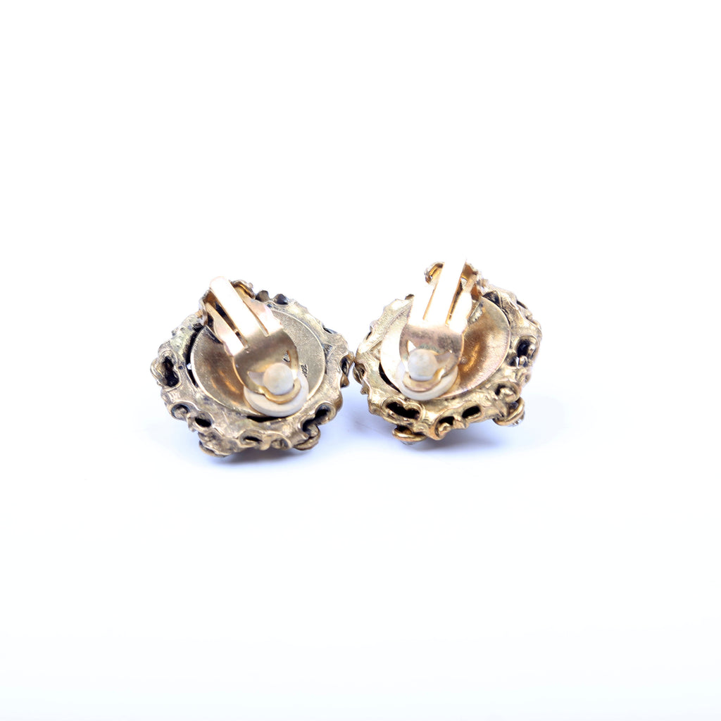 CC Rhinestone/Faux Pearl Clip On Vintage Earrings Gold