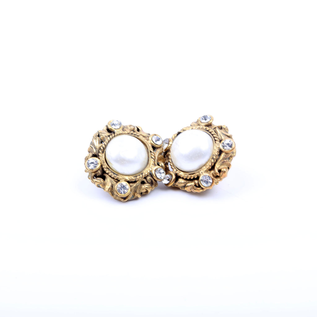 CC Rhinestone/Faux Pearl Clip On Vintage Earrings Gold