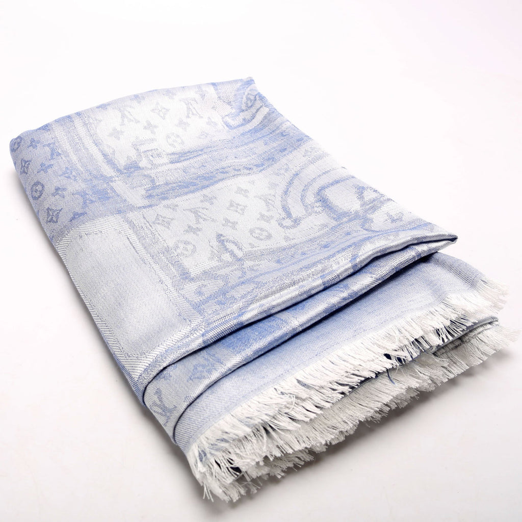 Steamer Shawl Silk/Cashmere Scarf Silver/Blue