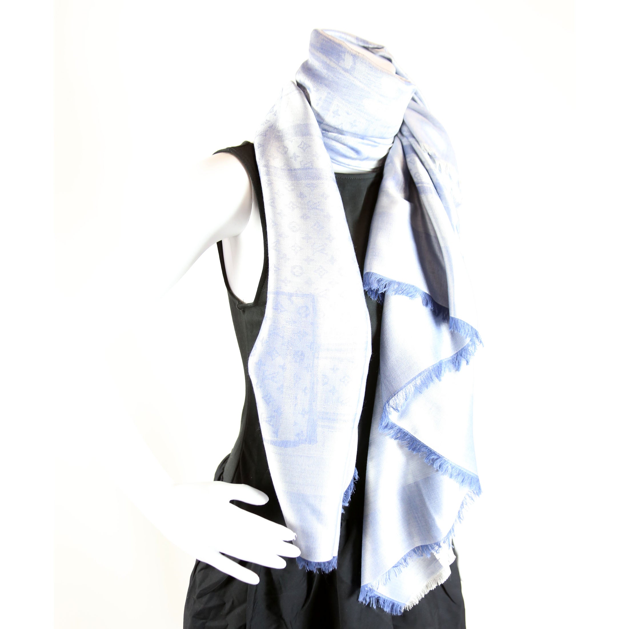 Steamer Shawl Silk/Cashmere Scarf Silver/Blue