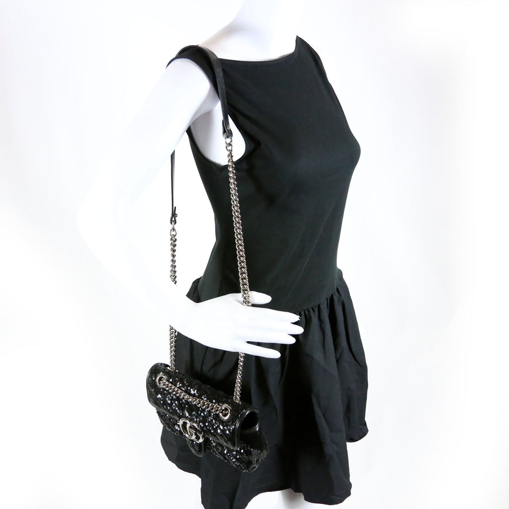 Gucci 446744 Marmont Sequin Shoulder Mini Flap Black