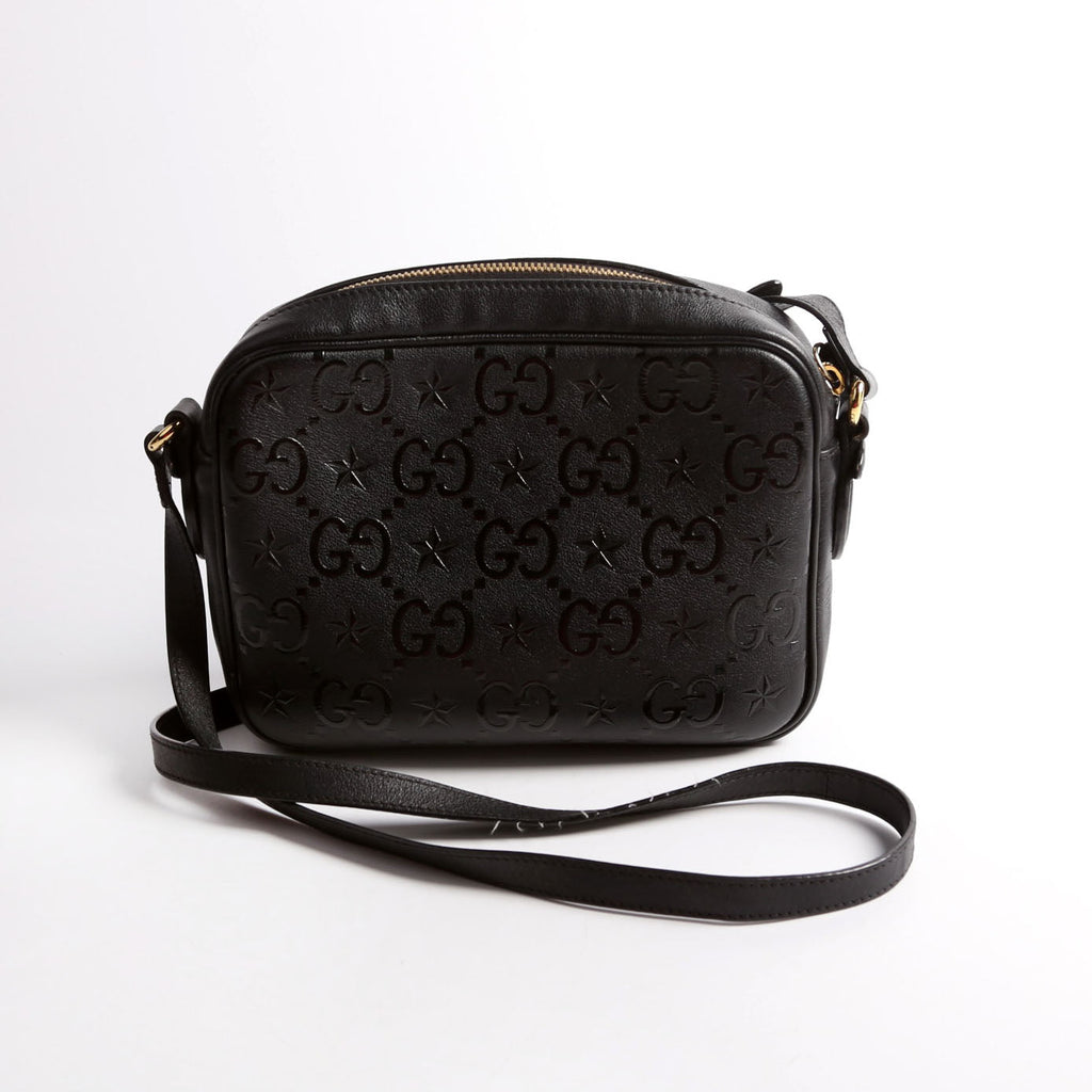 675776 GG Star Embossed Leather Small Shoulder Bag Black