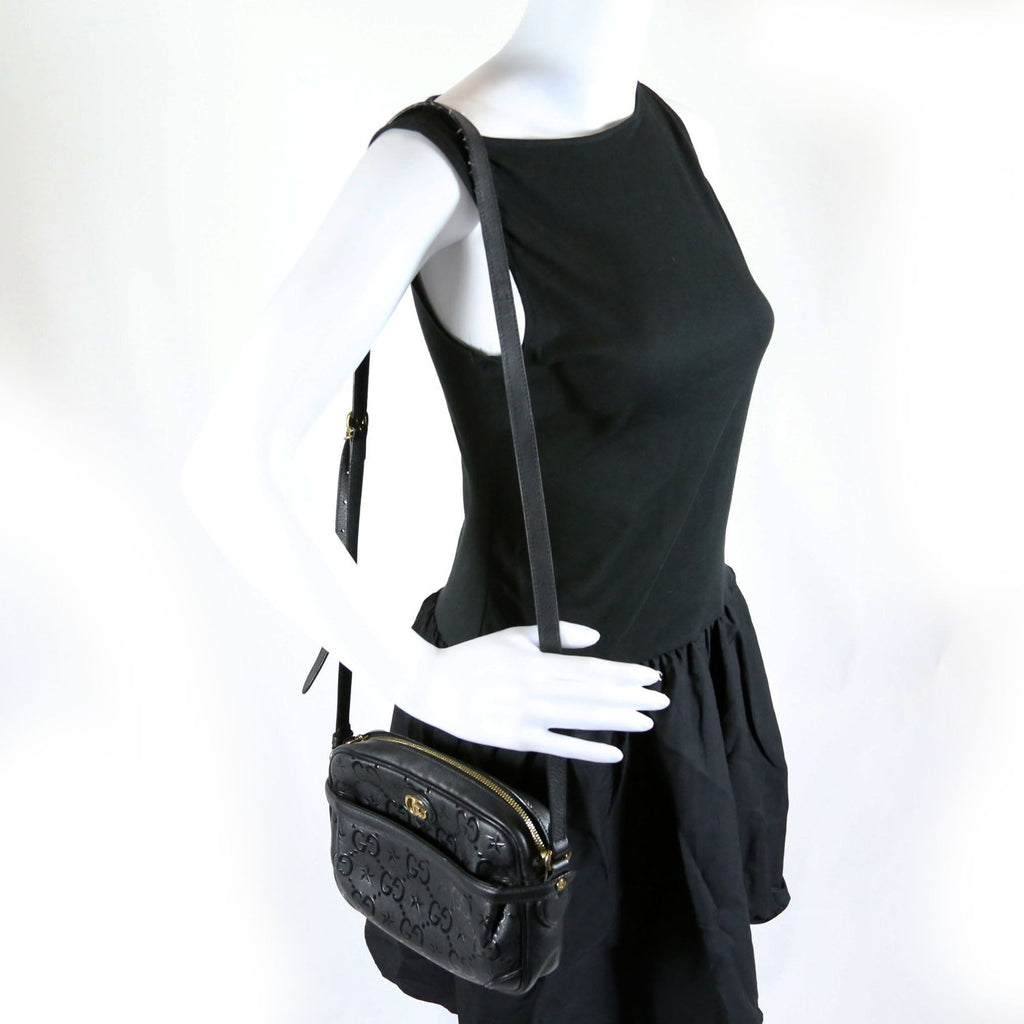 675776 GG Star Embossed Leather Small Shoulder Bag Black