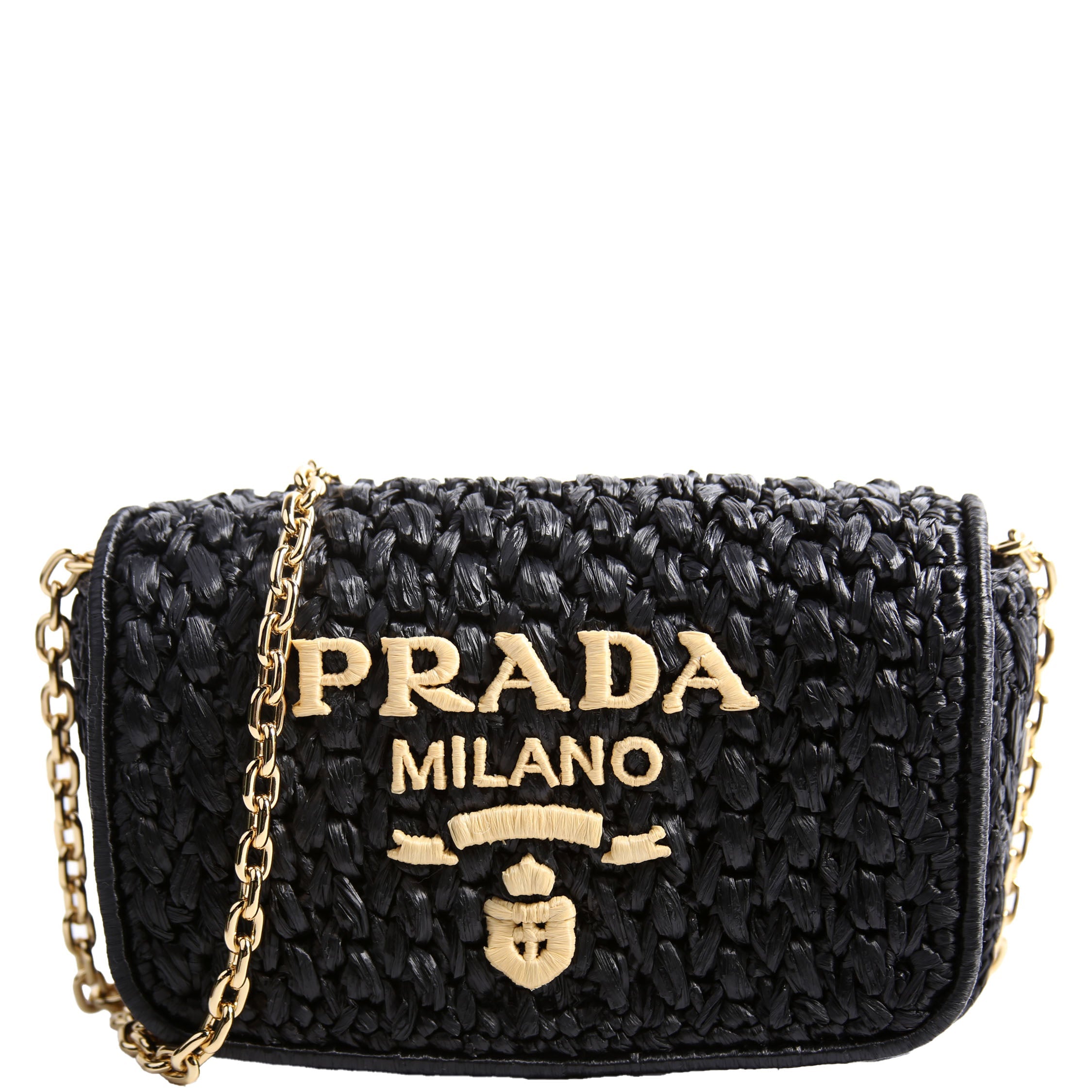 Prada 1BF135 Crochet Raffia Effect Chain Shoulder Bag Black/Beige