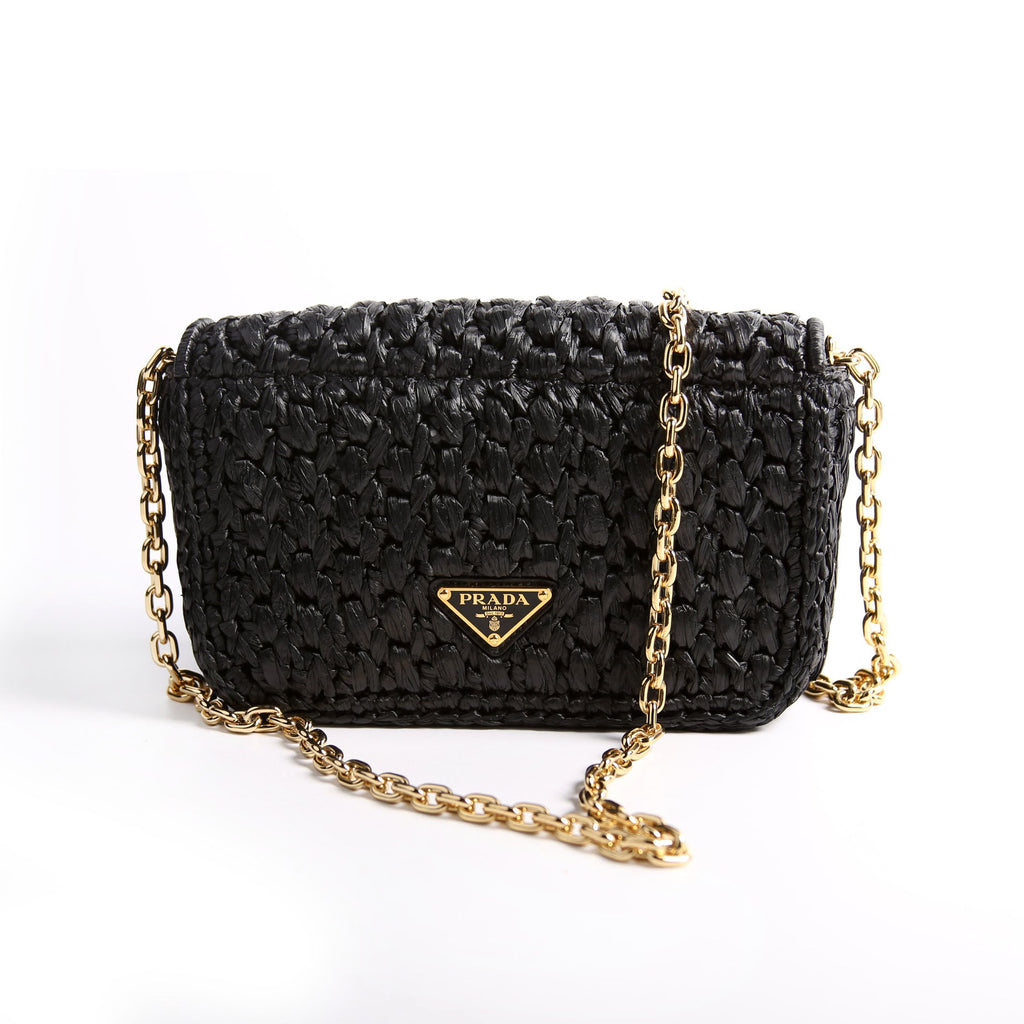 Prada 1BF135 Crochet Raffia Effect Chain Shoulder Bag Black/Beige