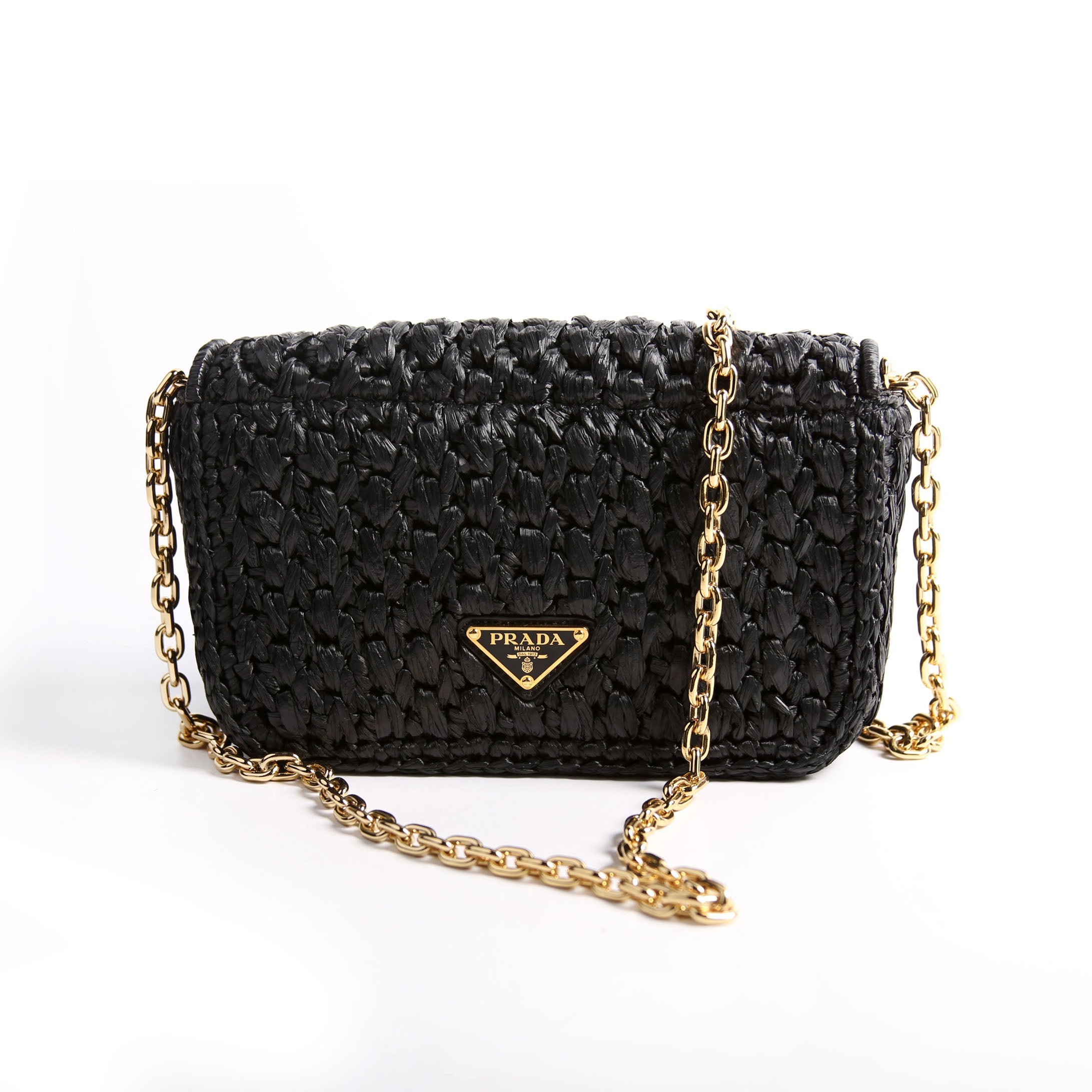 Prada 1BF135 Crochet Raffia Effect Chain Shoulder Bag Black/Beige