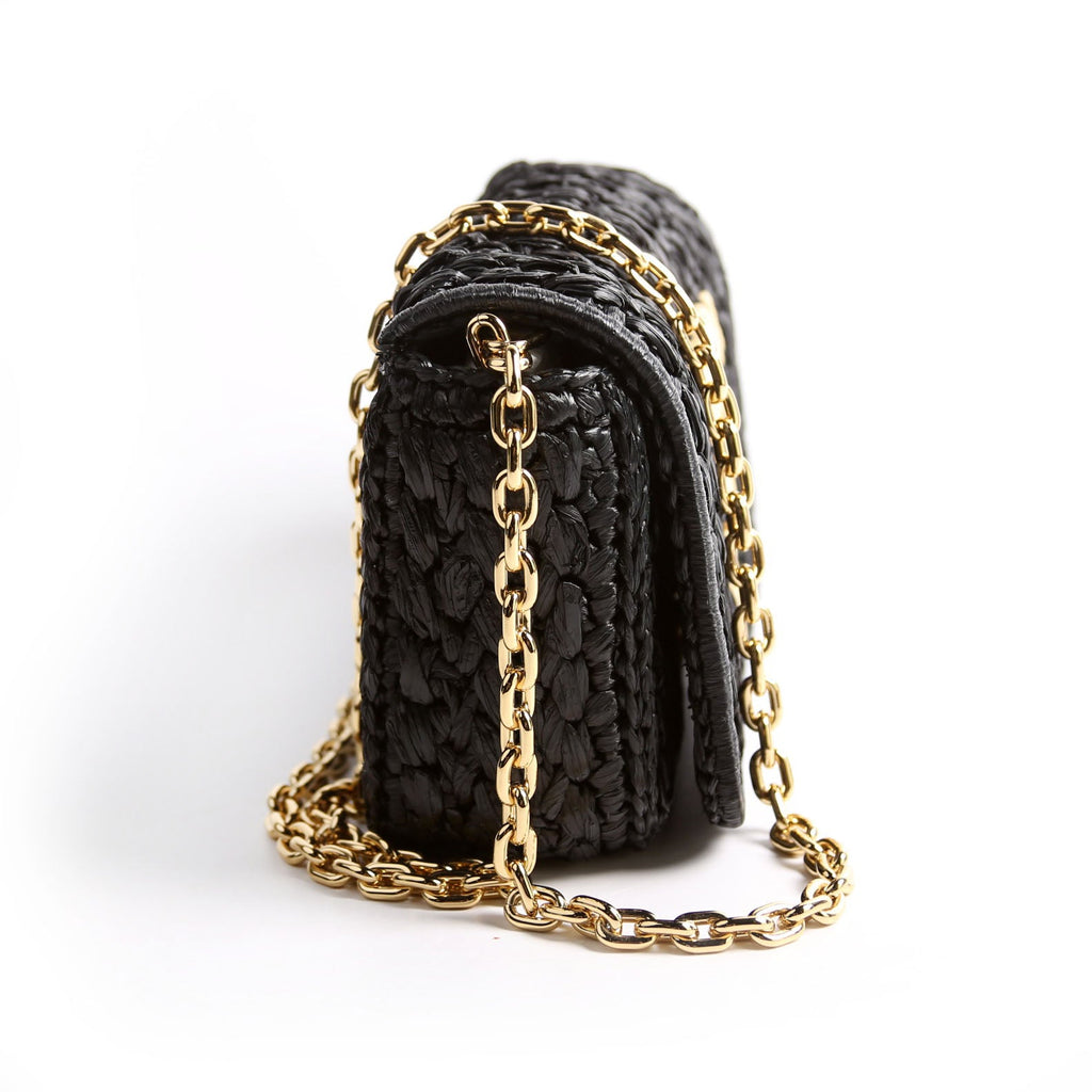 Prada 1BF135 Crochet Raffia Effect Chain Shoulder Bag Black/Beige