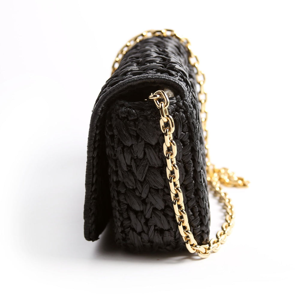 Prada 1BF135 Crochet Raffia Effect Chain Shoulder Bag Black/Beige