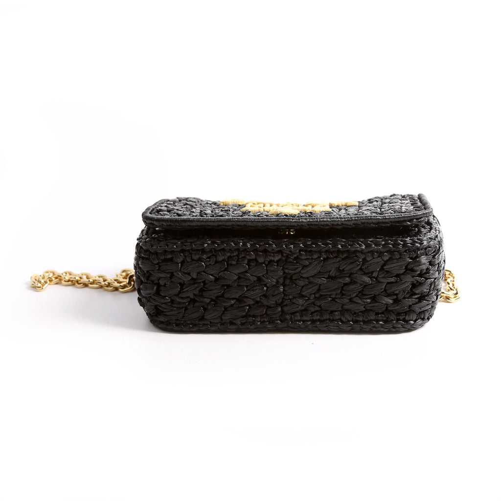 Prada 1BF135 Crochet Raffia Effect Chain Shoulder Bag Black/Beige