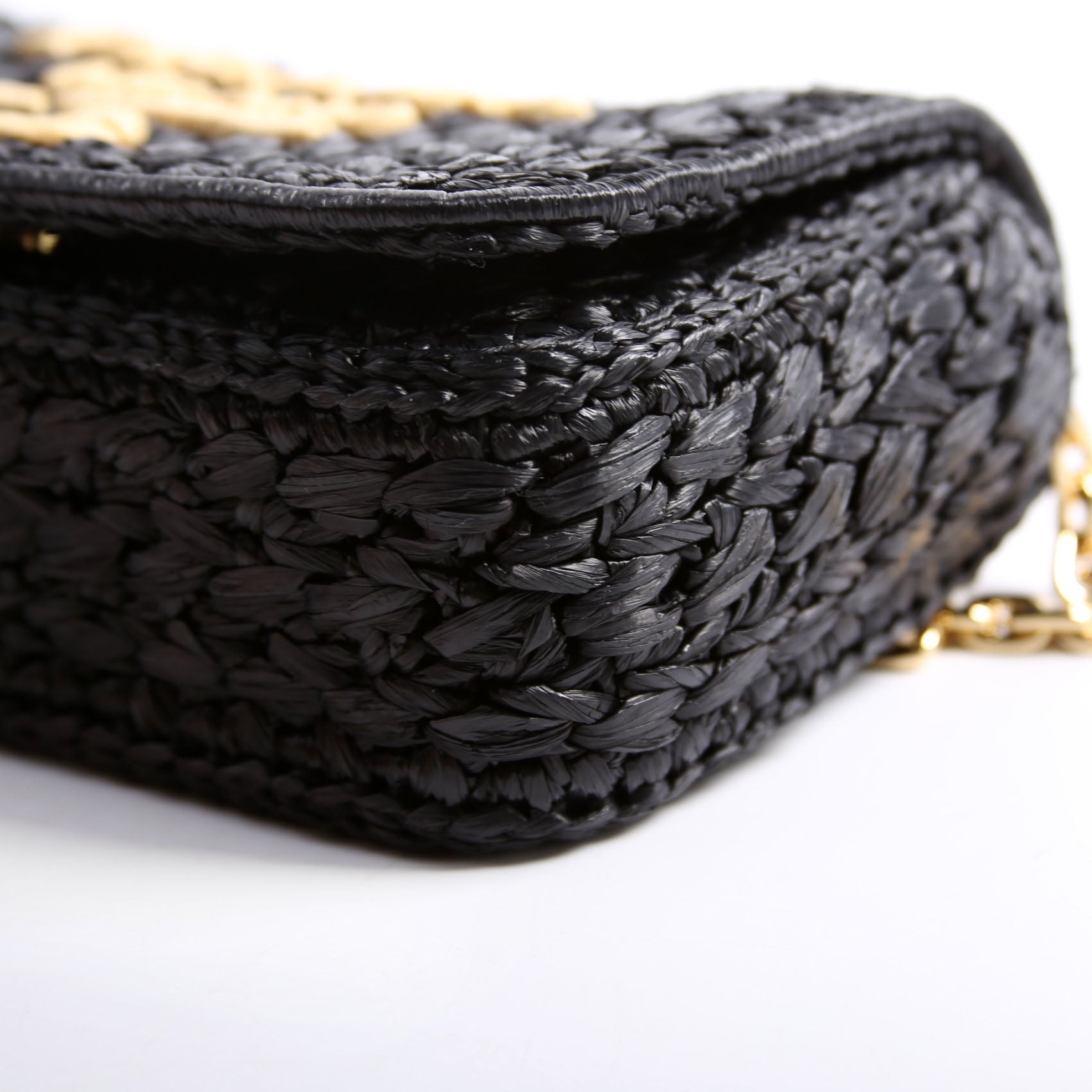 Prada 1BF135 Crochet Raffia Effect Chain Shoulder Bag Black/Beige