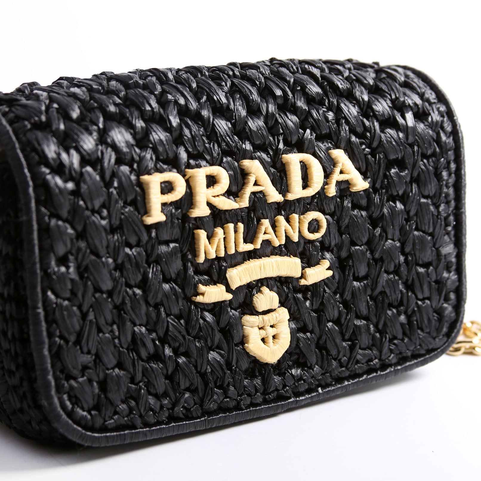 Prada 1BF135 Crochet Raffia Effect Chain Shoulder Bag Black/Beige