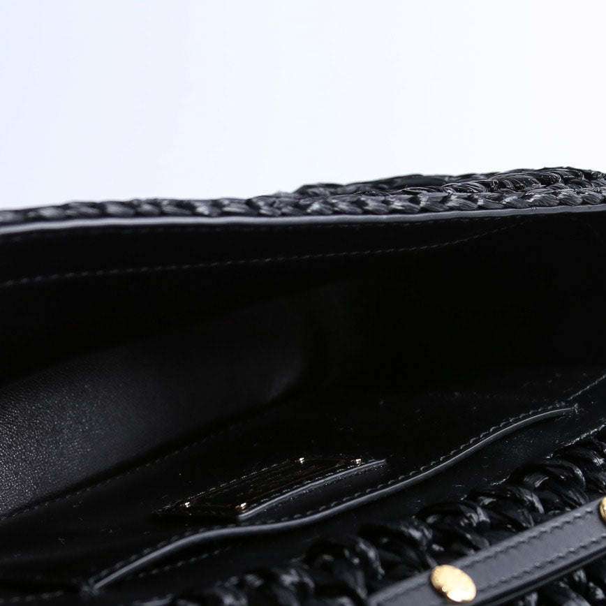 Prada 1BF135 Crochet Raffia Effect Chain Shoulder Bag Black/Beige