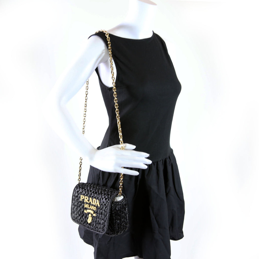 Prada 1BF135 Crochet Raffia Effect Chain Shoulder Bag Black/Beige
