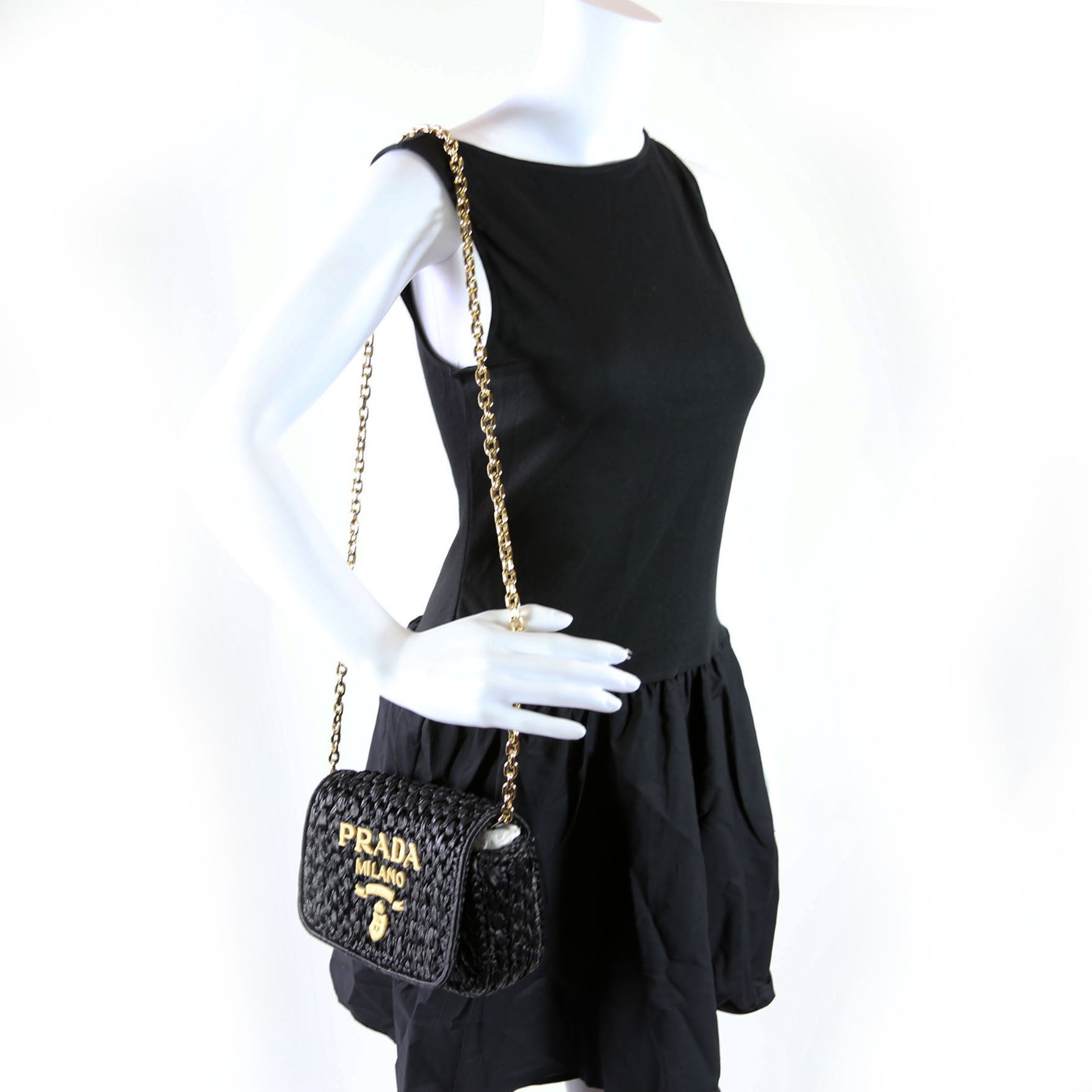 Prada 1BF135 Crochet Raffia Effect Chain Shoulder Bag Black/Beige