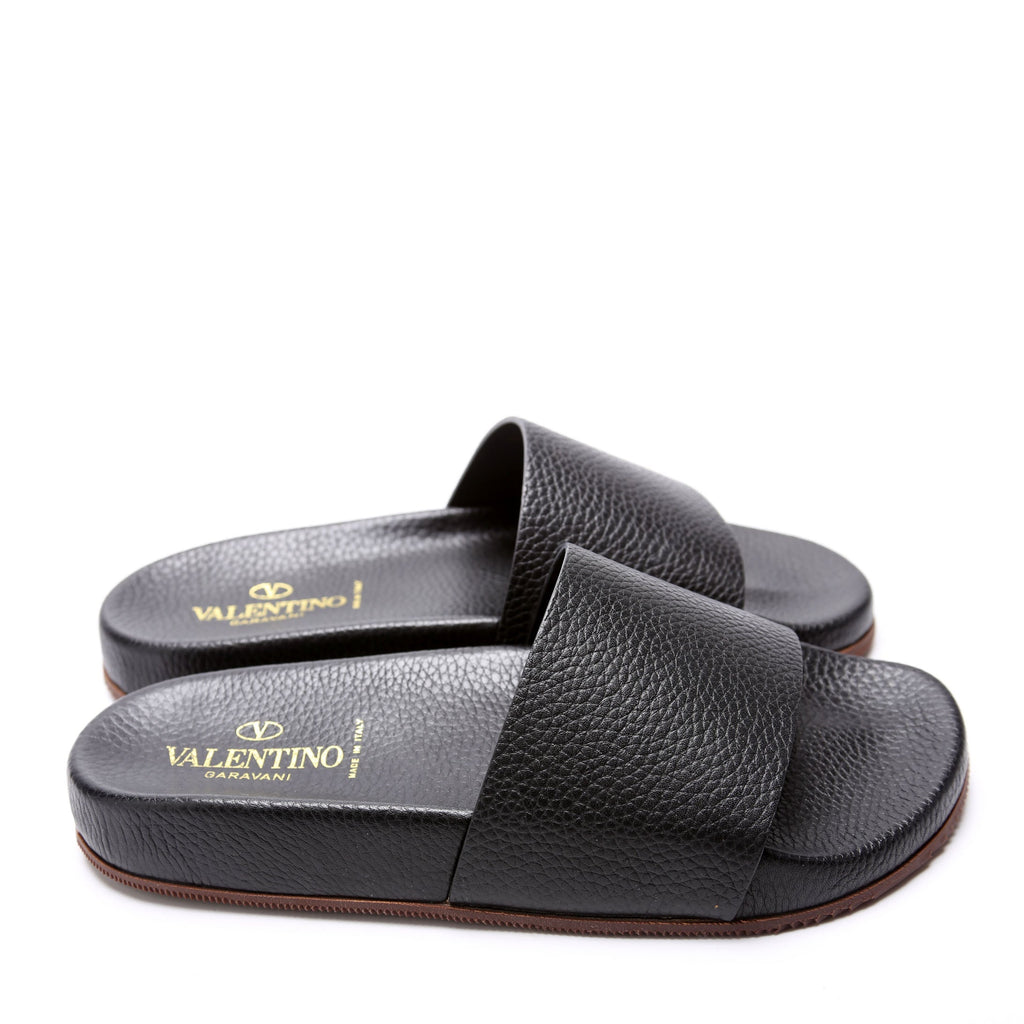 Grain Leather Slides Size 39 Black