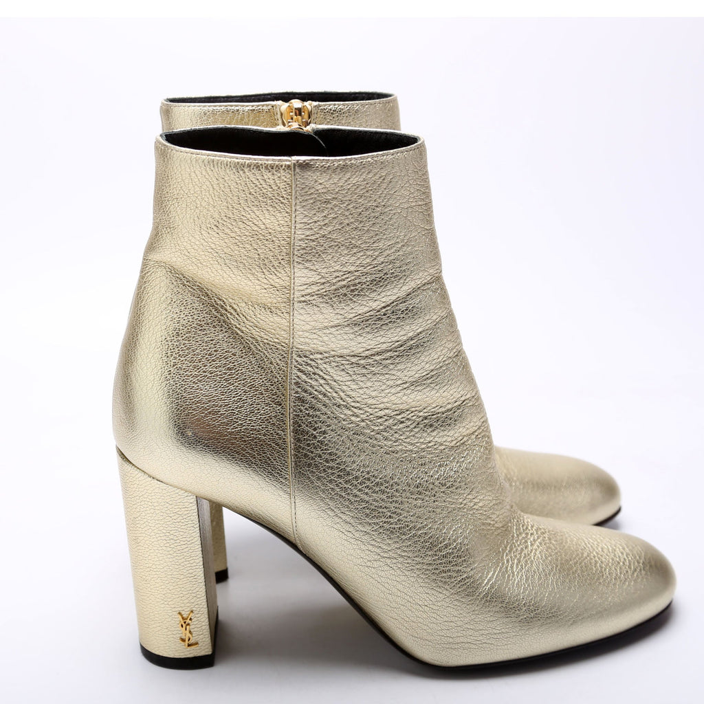SAINT LAURENT Loulou Metallic Ankle Boots Size 35.5 Champagne