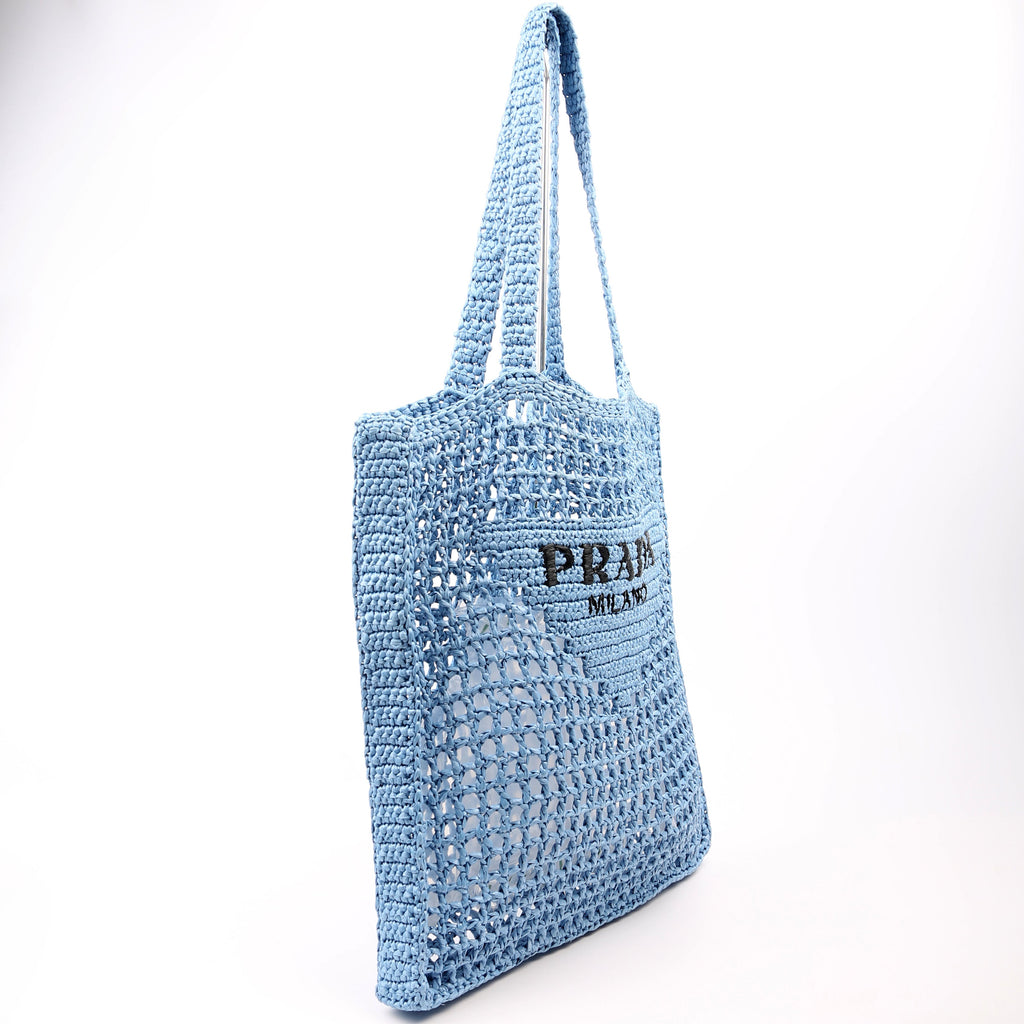 Prada 1BG393 Raffia Crochet Tote Bag Blue