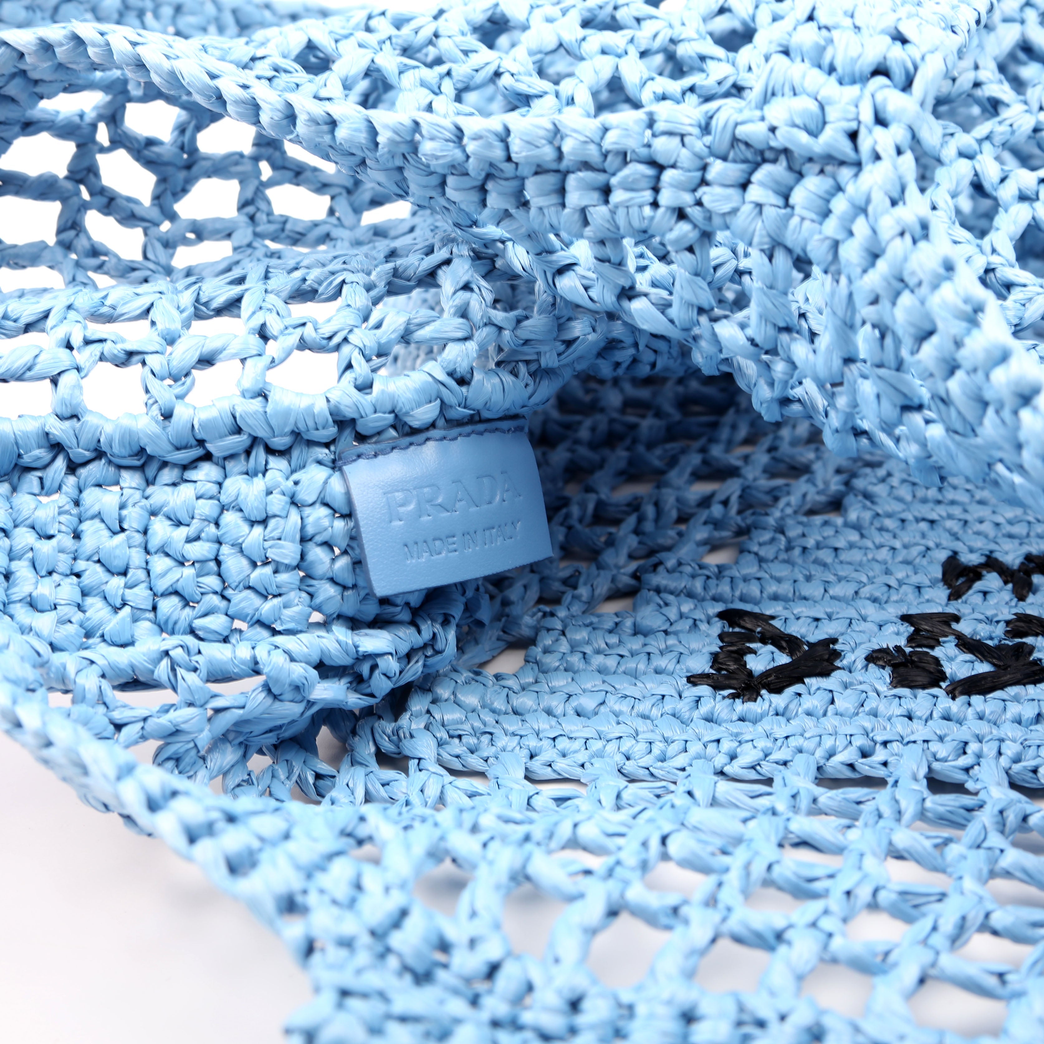 Prada 1BG393 Raffia Crochet Tote Bag Blue