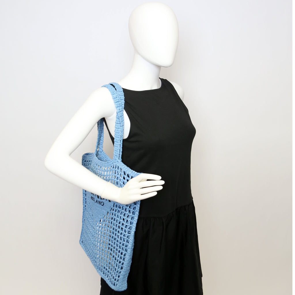 Prada 1BG393 Raffia Crochet Tote Bag Blue