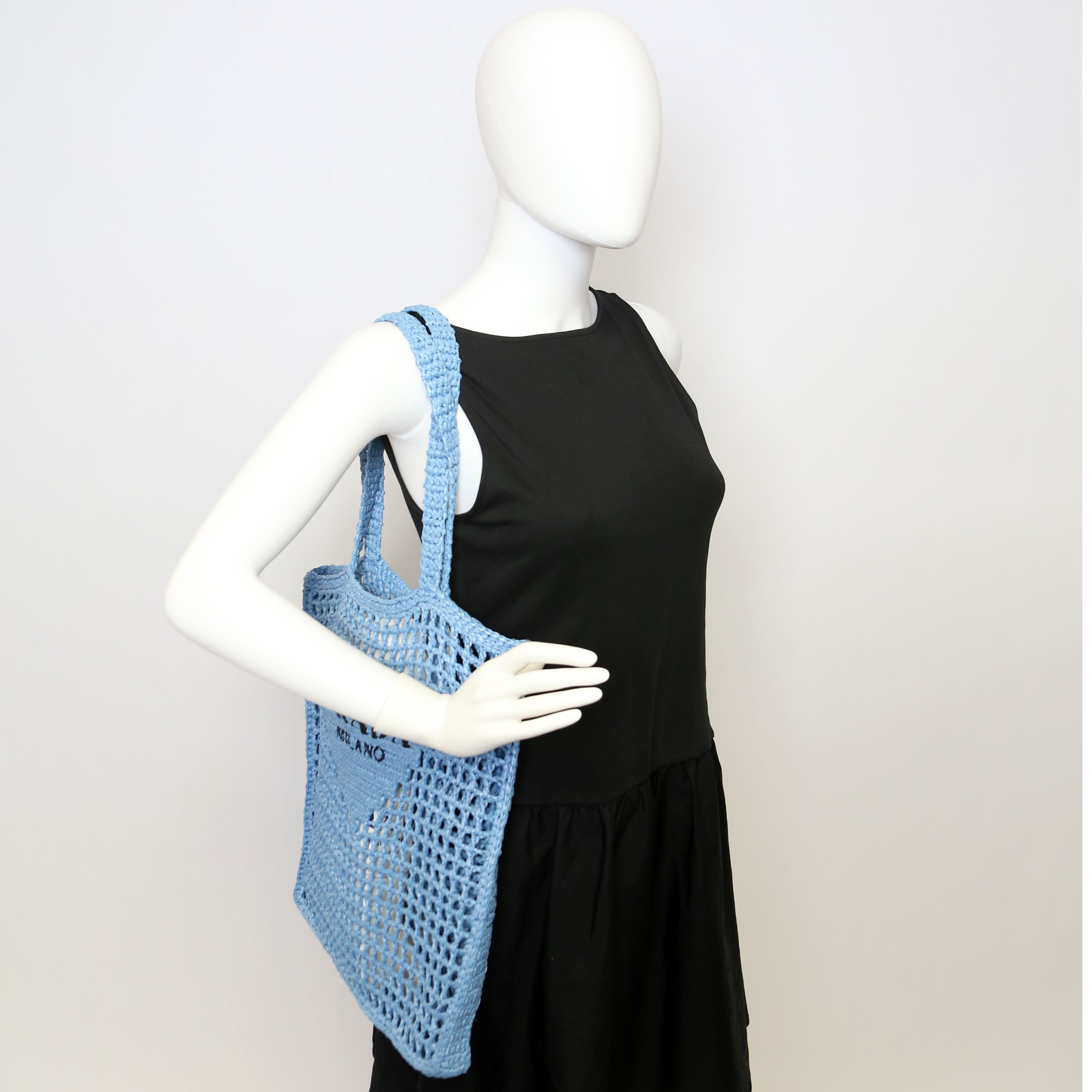 Prada 1BG393 Raffia Crochet Tote Bag Blue
