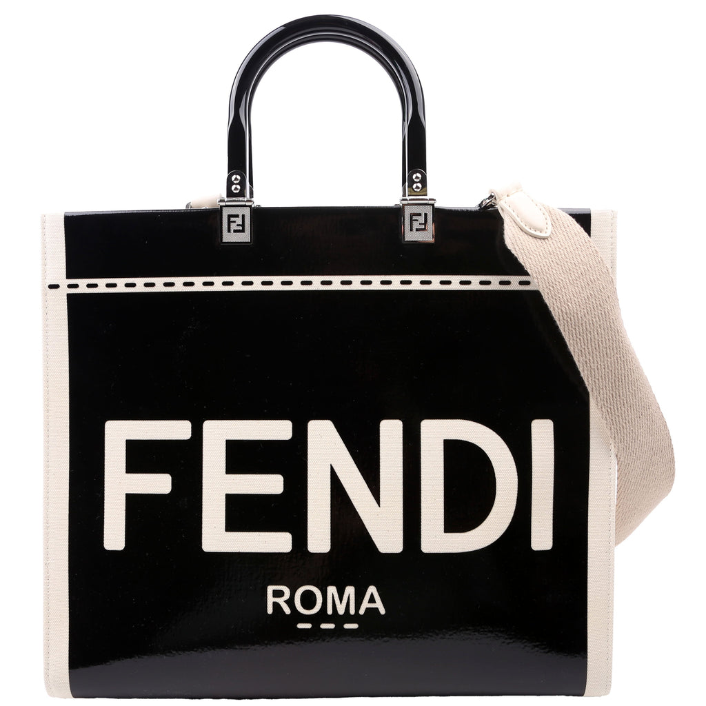 Fendi Sunshine Shopper Medium Patent Vinyl Canvas Black/White