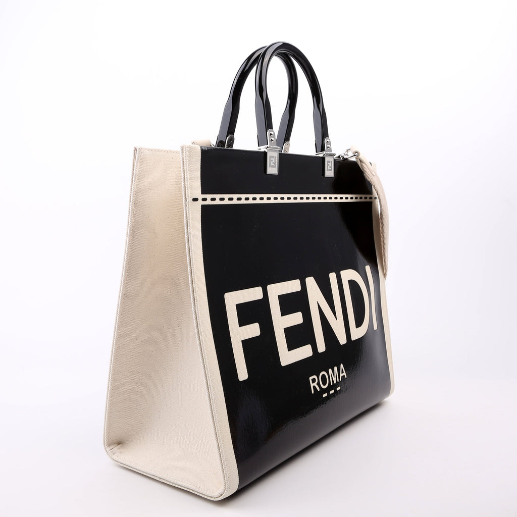 Fendi Sunshine Shopper Medium Patent Vinyl Canvas Black/White