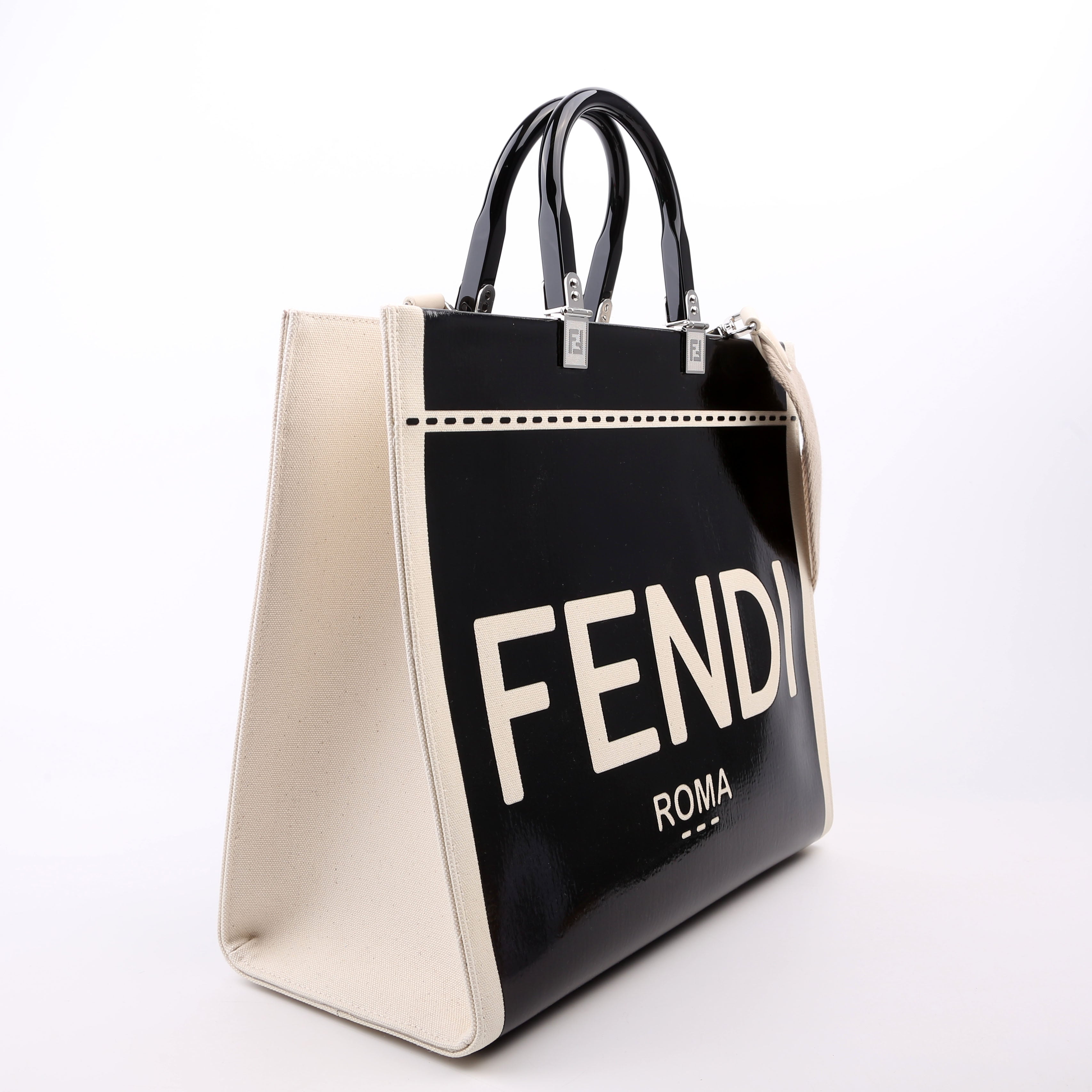 Fendi Sunshine Shopper Medium Patent Vinyl Canvas Black/White