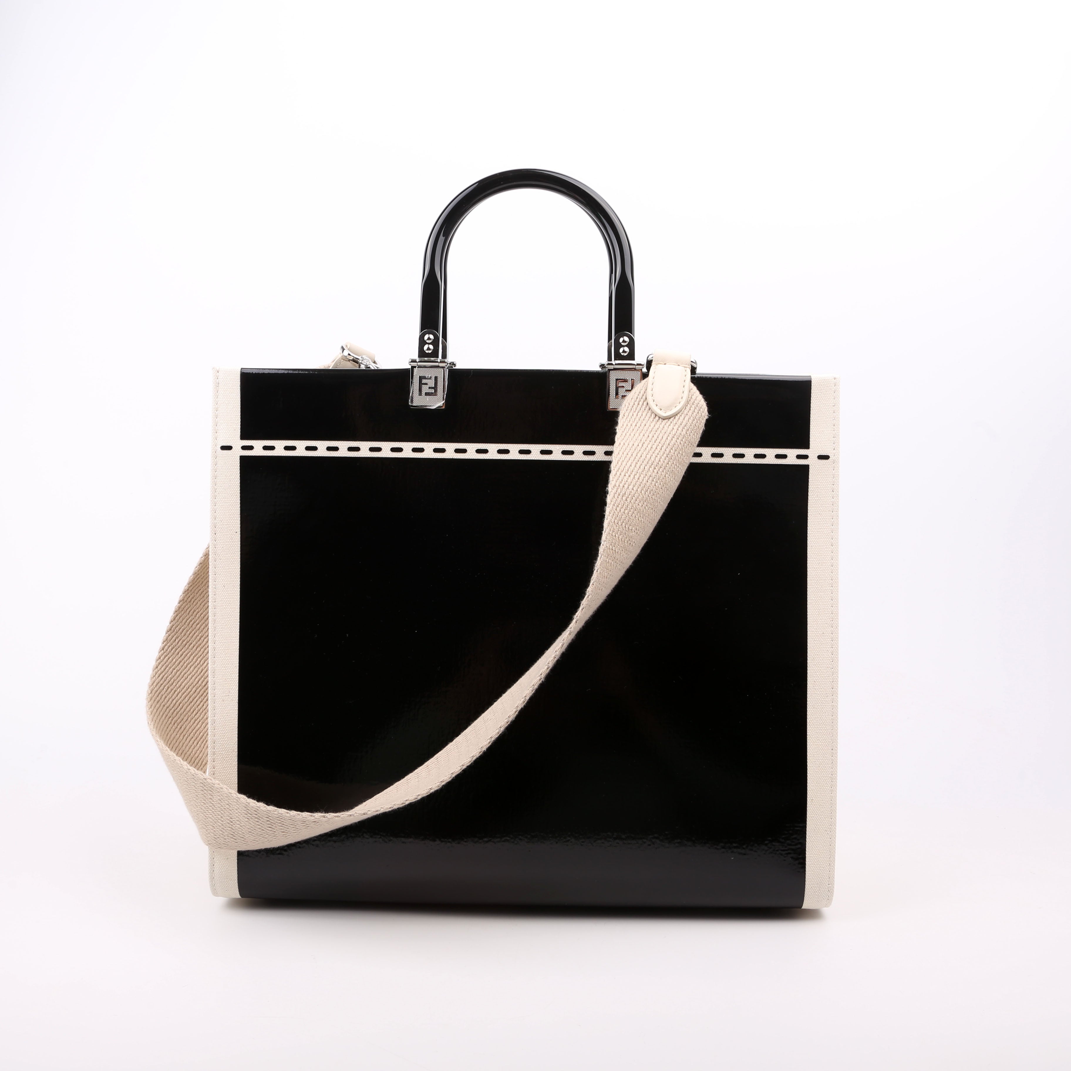 Fendi Sunshine Shopper Medium Patent Vinyl Canvas Black/White
